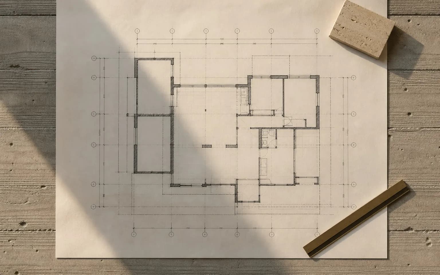 A large-format floor plan drawing with dimension strings and grid bubbles, weighted by a travertine sample