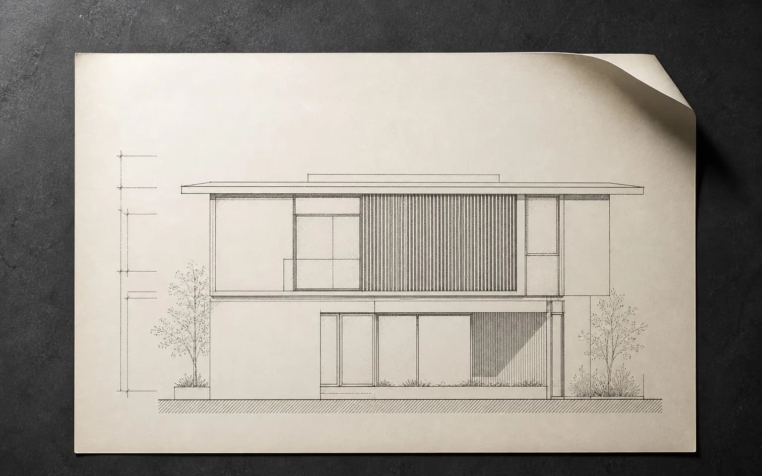 An elevation drawing in fine ink line work showing a contemporary two-storey house facade with deep eave and louvre screen