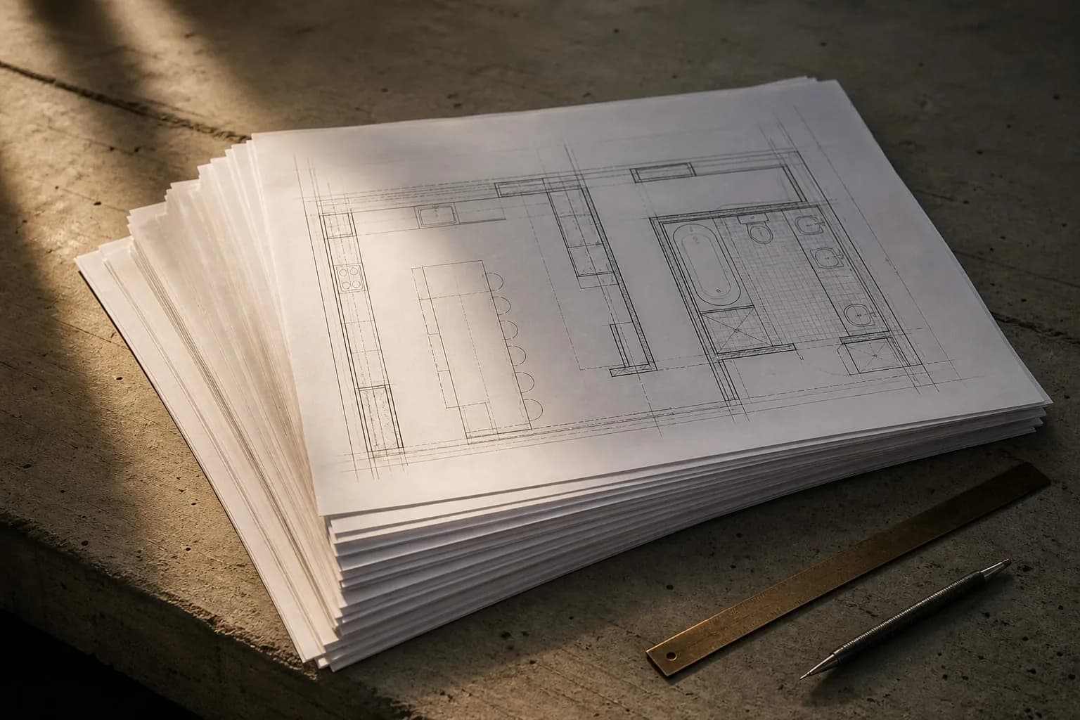 A thick stack of large-format construction drawings fanned across board-formed concrete with a bronze rule alongside