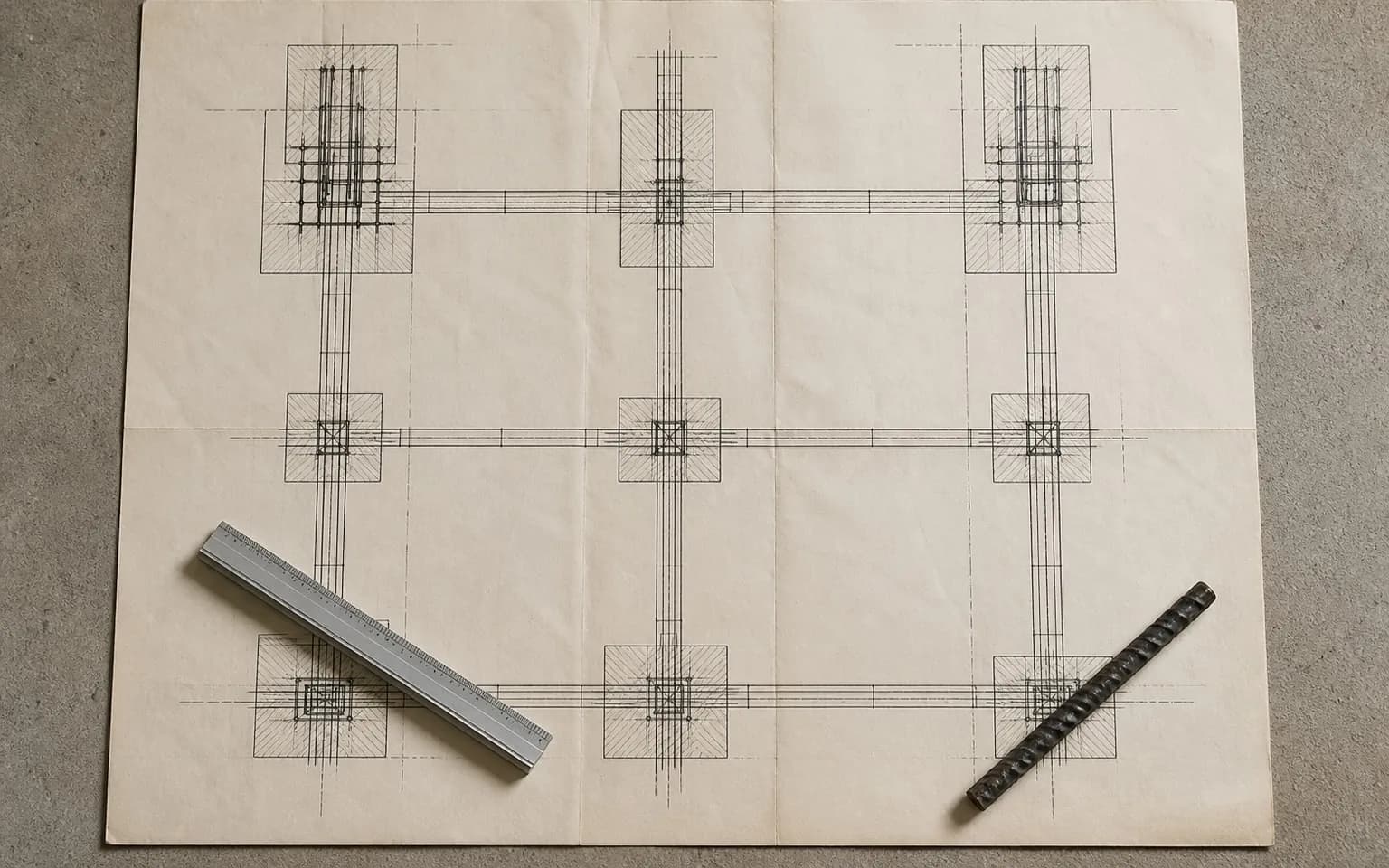 A structural engineering drawing showing foundation and column layout with reinforcement, weighted by a reinforcement bar offcut