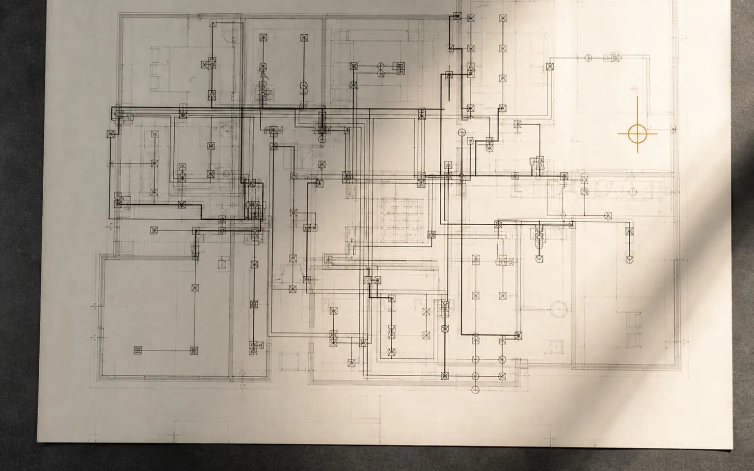 A services layout drawing overlaying electrical circuits and plumbing runs on a light grey floor plan