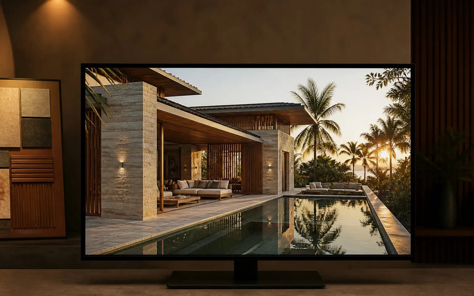 A matte studio display showing a photorealistic 3D exterior render of a contemporary tropical villa at golden hour