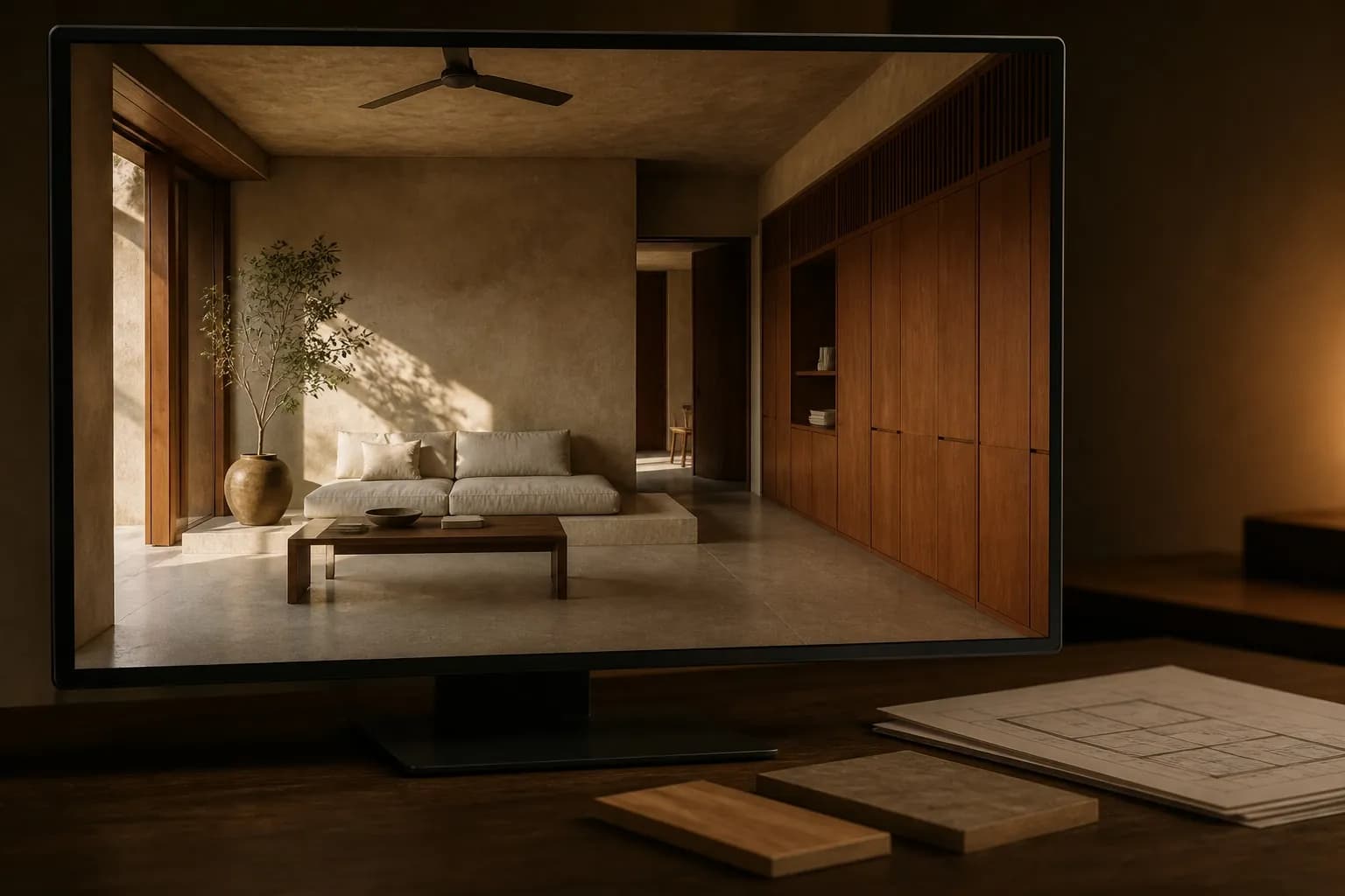 A display showing a photorealistic 3D interior render of a warm living space with teak joinery and lime plaster