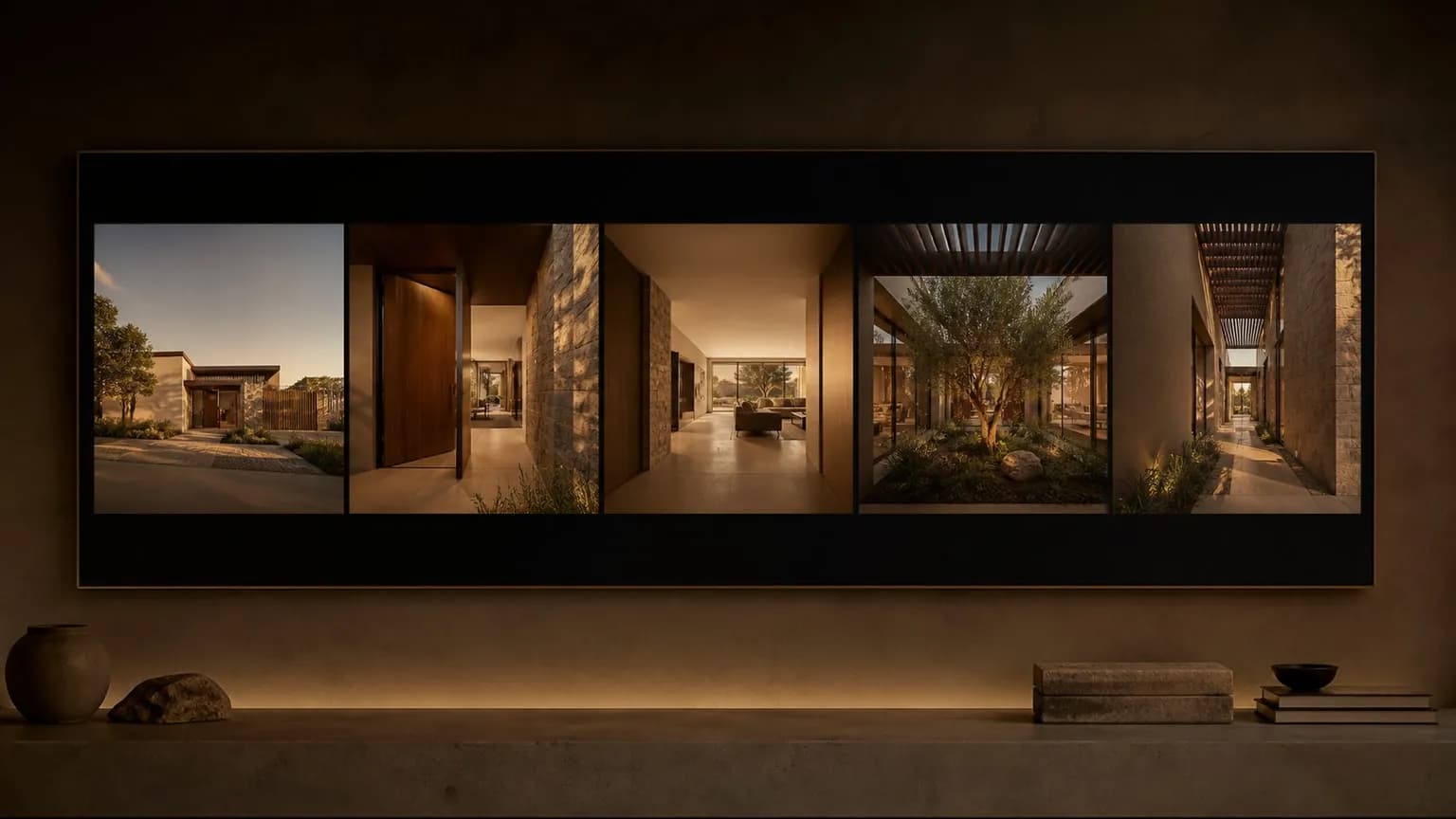 A wide display showing five sequential frames from a 3D architectural walkthrough of a villa at golden hour
