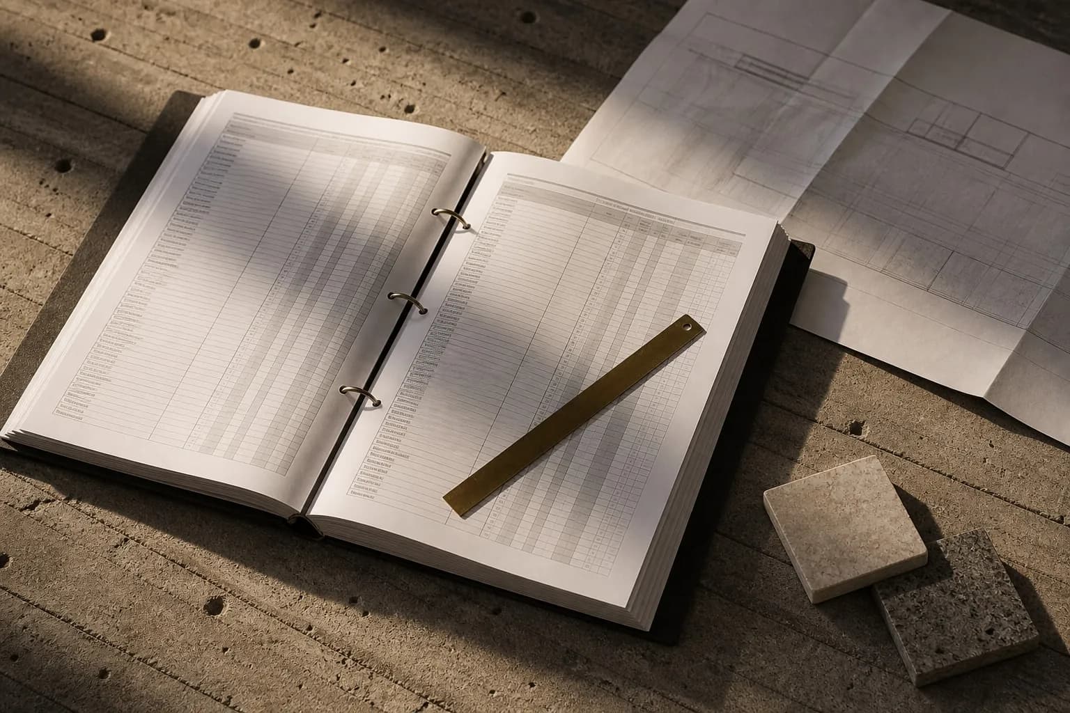 A bound bill of quantities open on board-formed concrete with a bronze rule across the page
