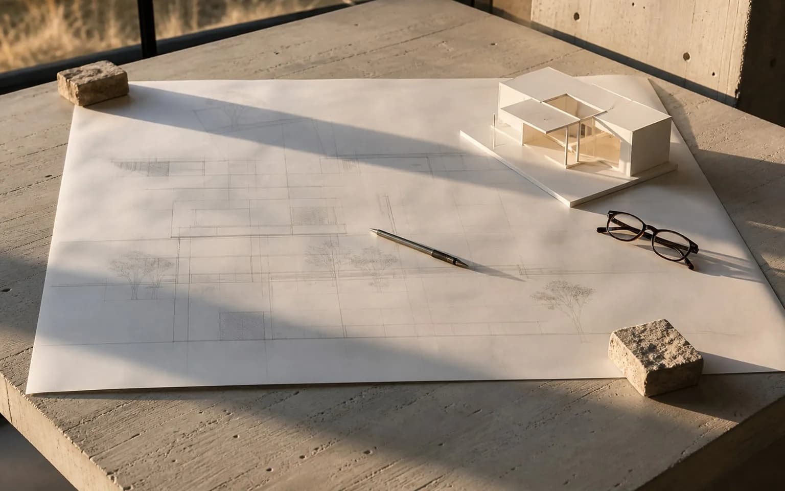 A design review in progress — drawings weighted by stone samples with a physical model set on one corner