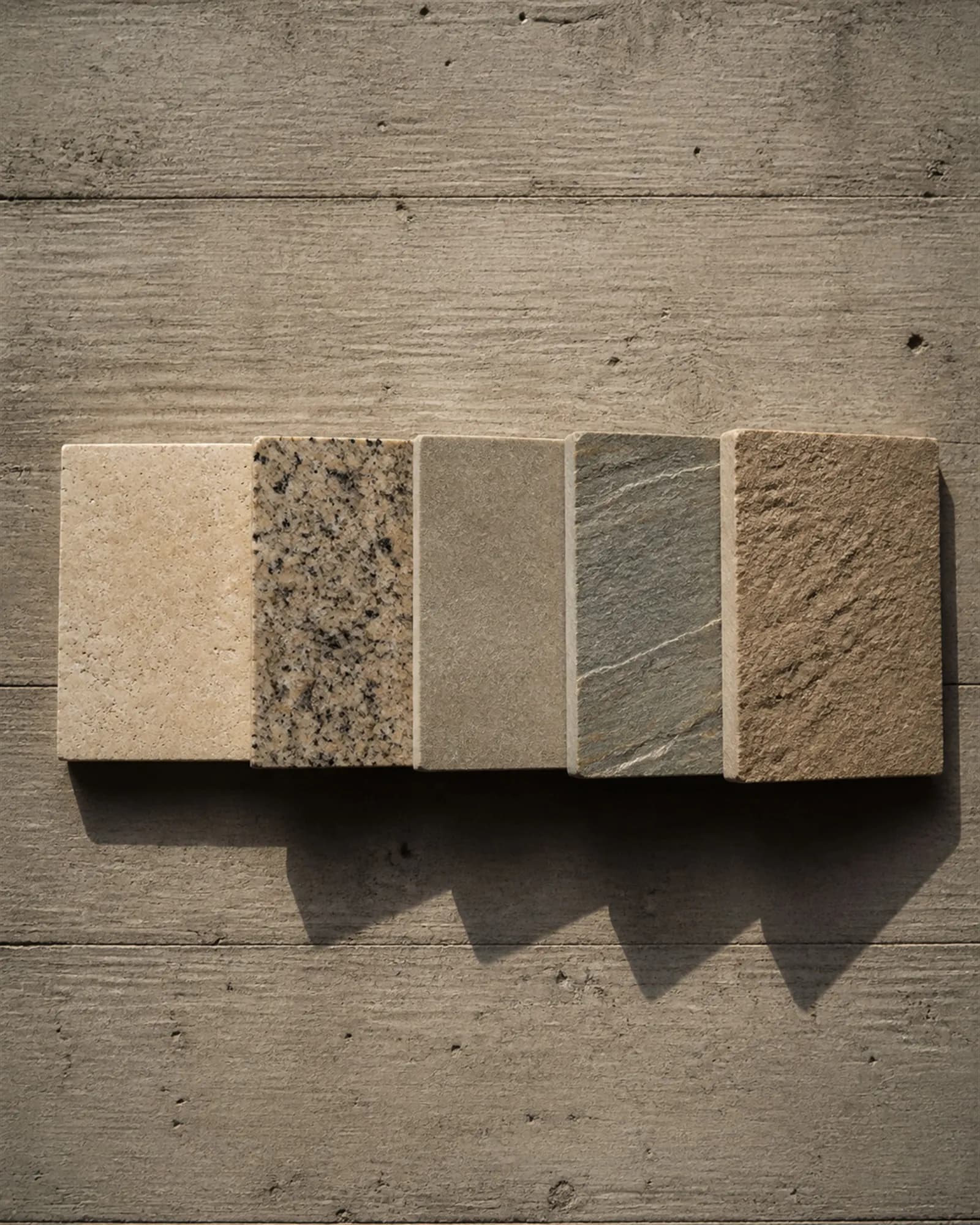 Five natural stone samples in a row on board-formed concrete under raking light