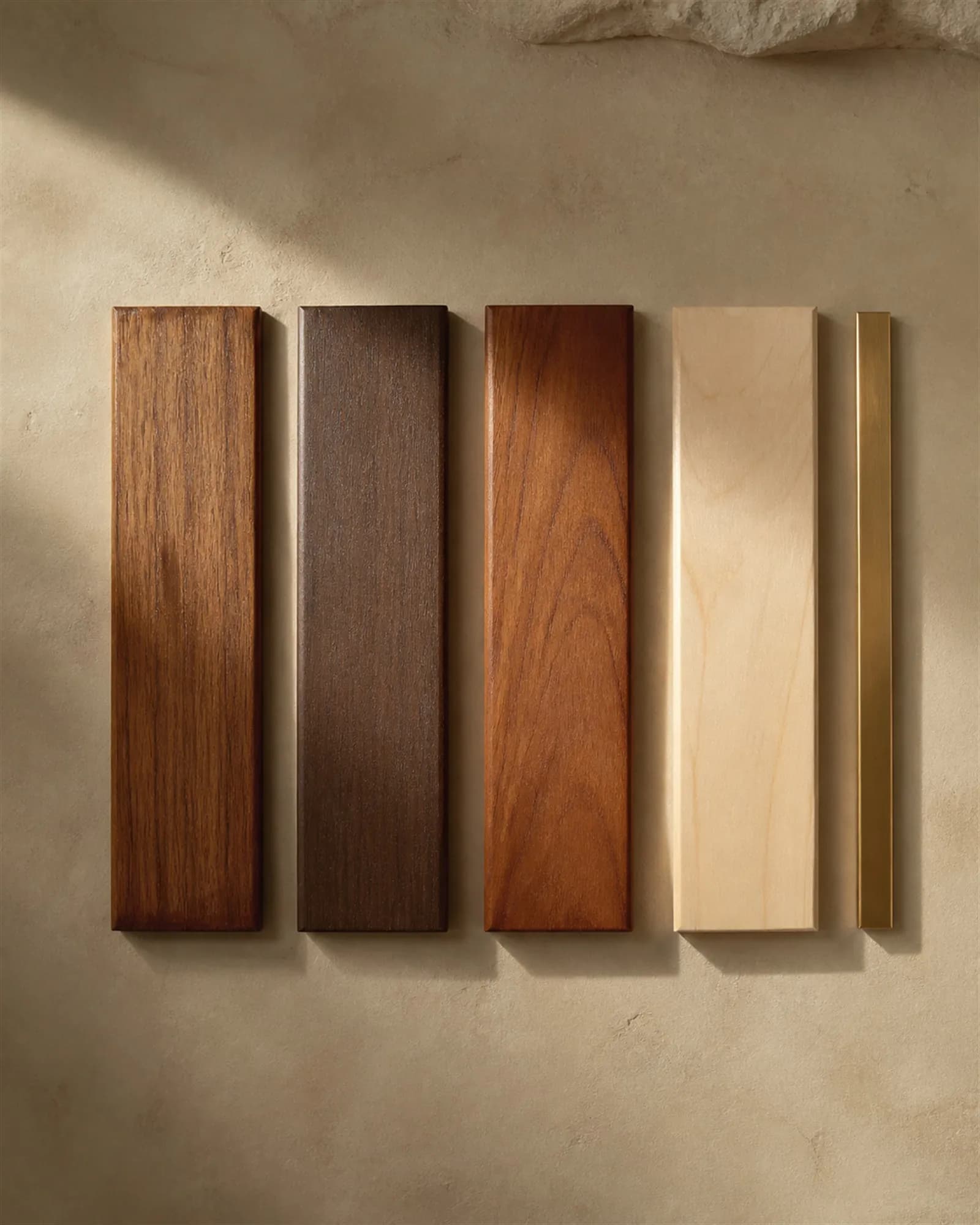 Four timber samples on lime plaster with a bronze strip alongside