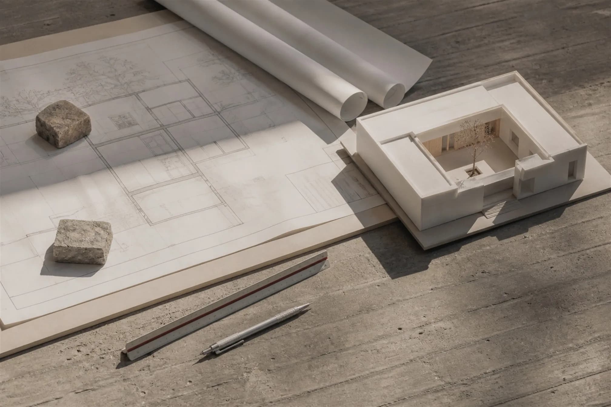 Construction drawings unrolled on concrete beside a white card massing model and stone samples