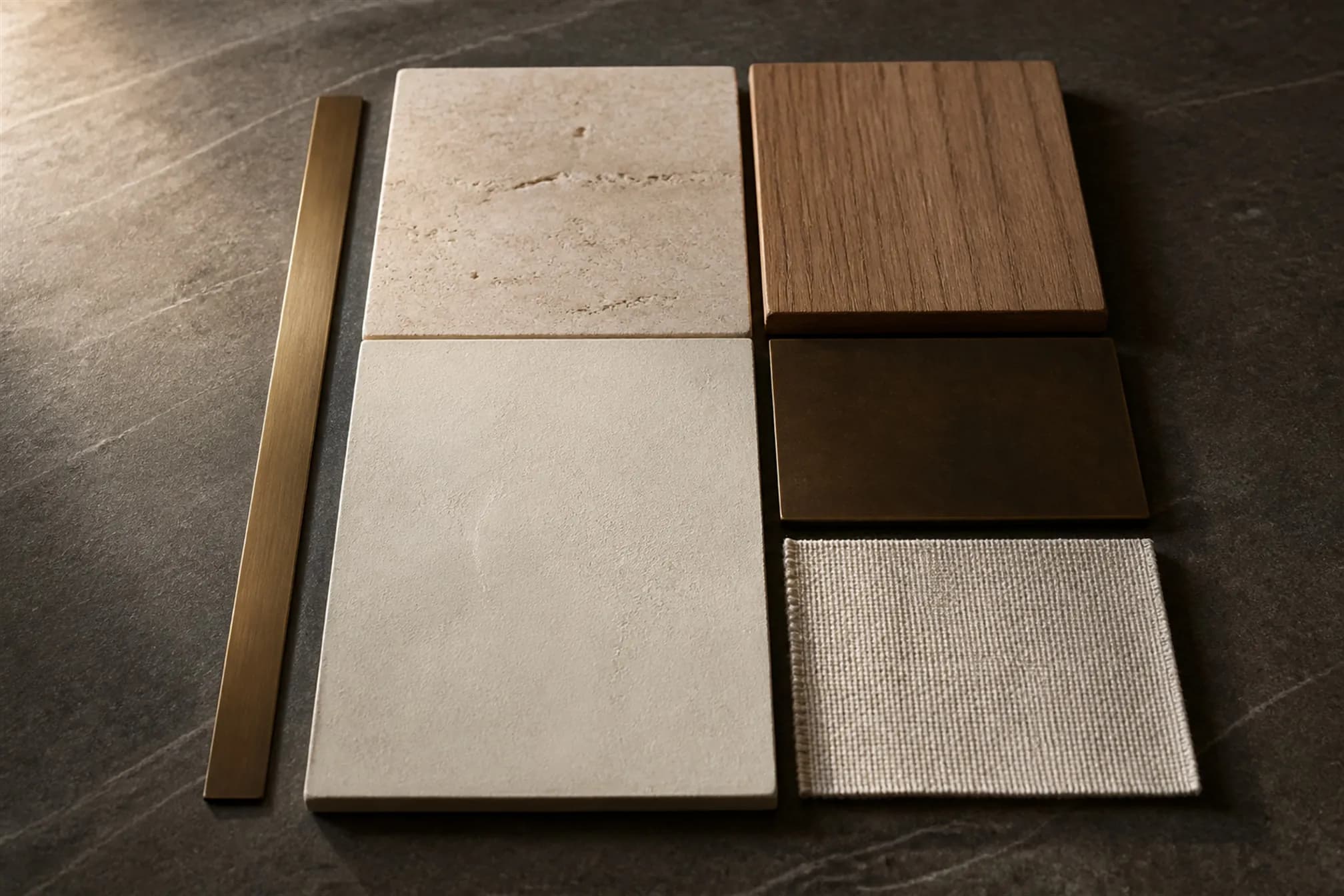 A material approval board with travertine, teak, bronze, plaster and linen in a precise grid