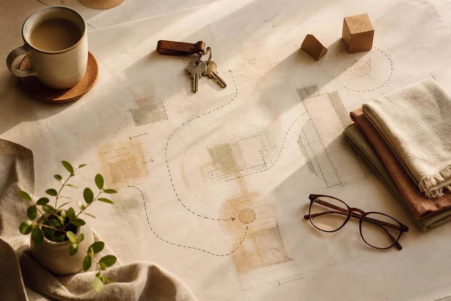 Household objects and drawn movement paths forming a considered Life Brief