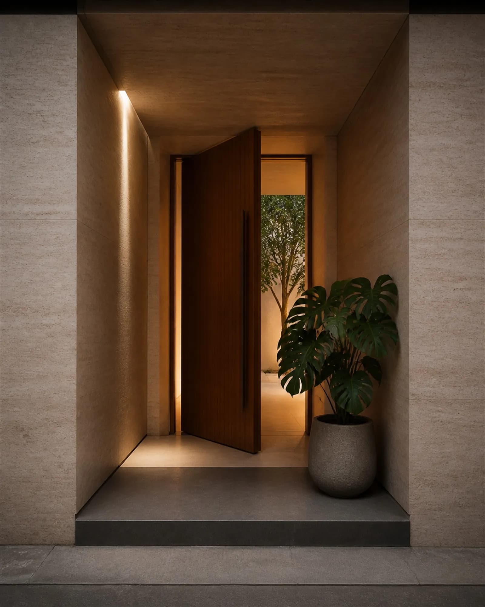 Deep recessed entrance porch in travertine with a three-metre pivoting teak door
