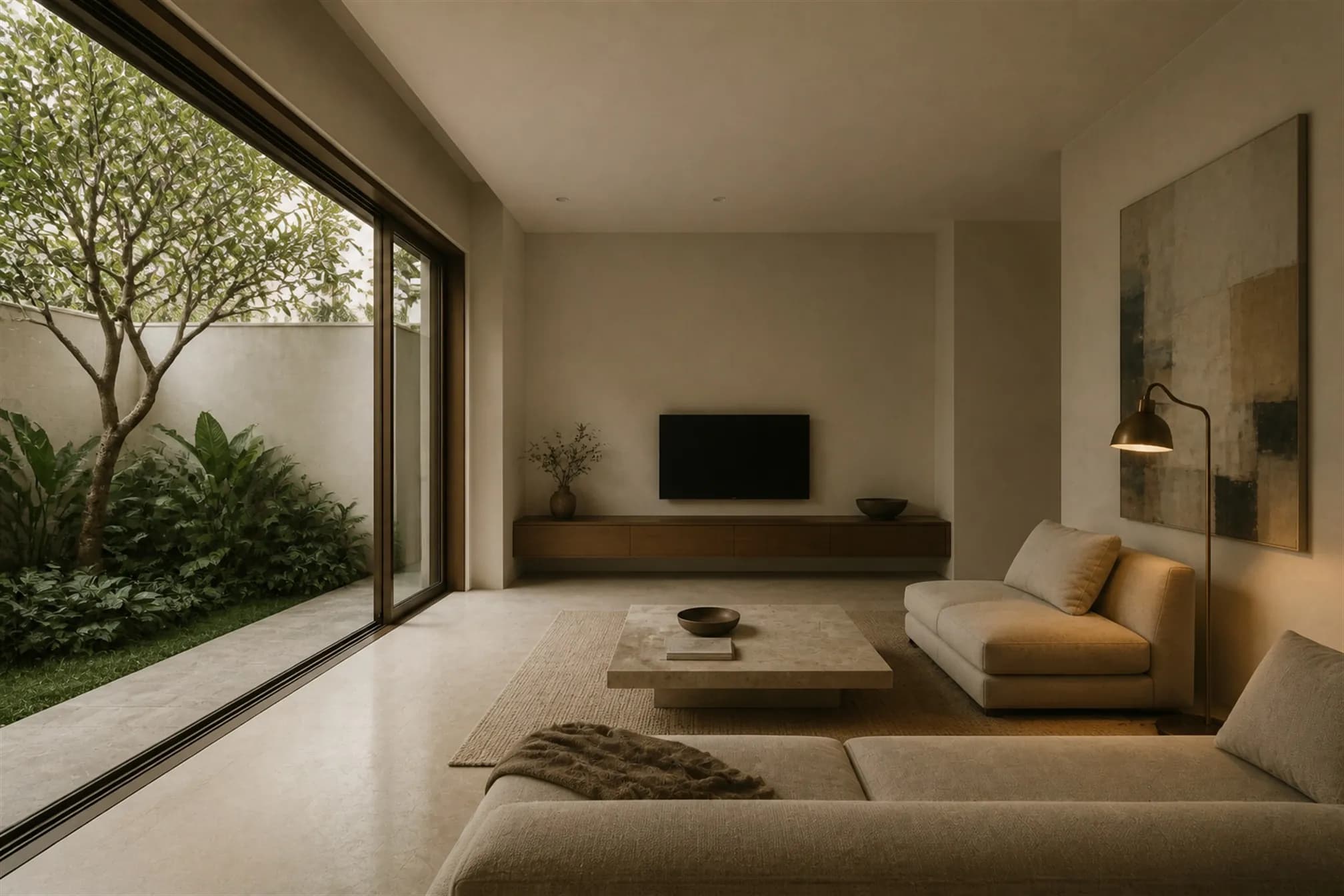 Living room opening entirely onto the planted courtyard through slim bronze-framed sliding glass