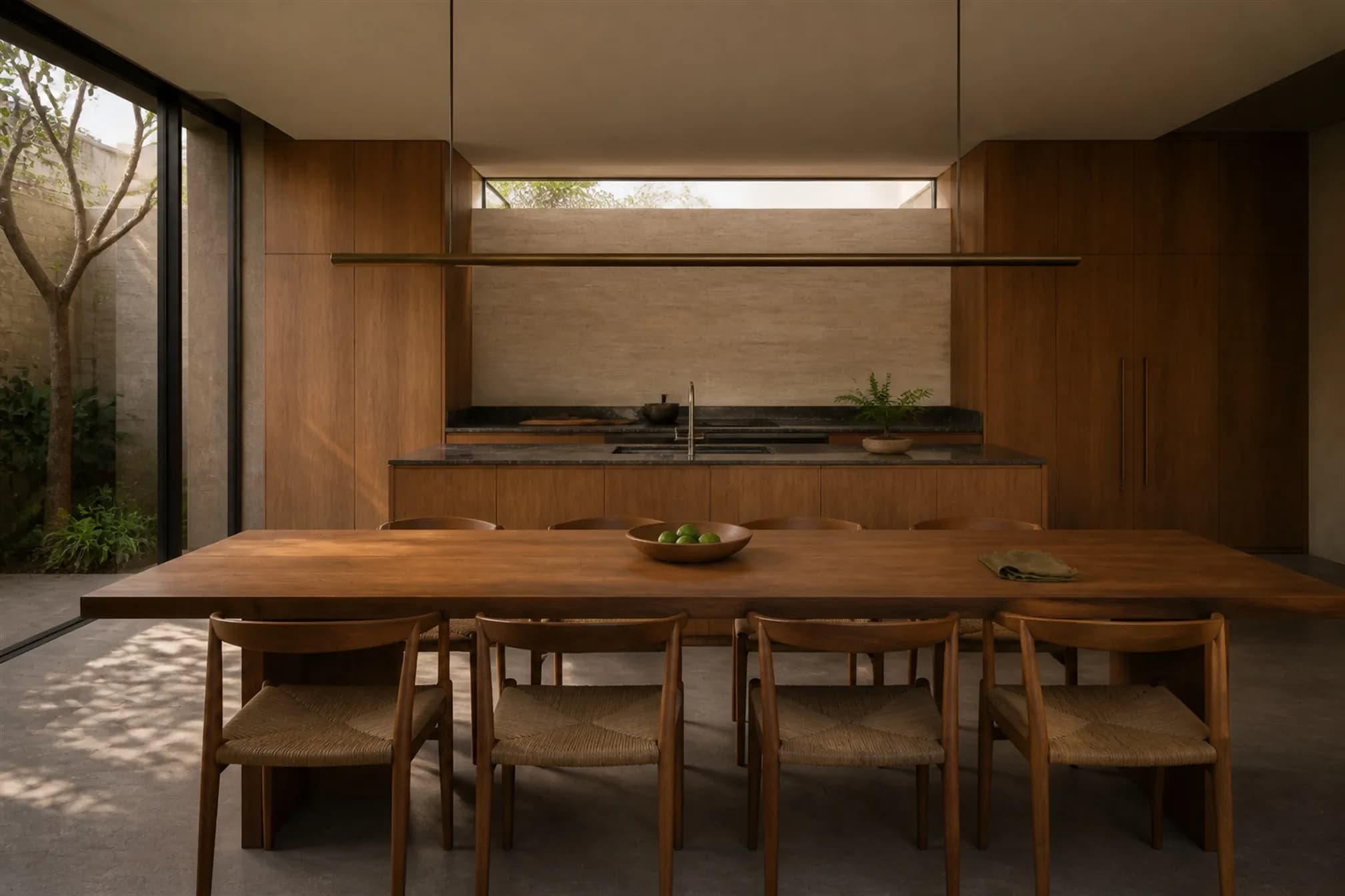 Open dining and kitchen with a solid teak table and full-height flush teak joinery