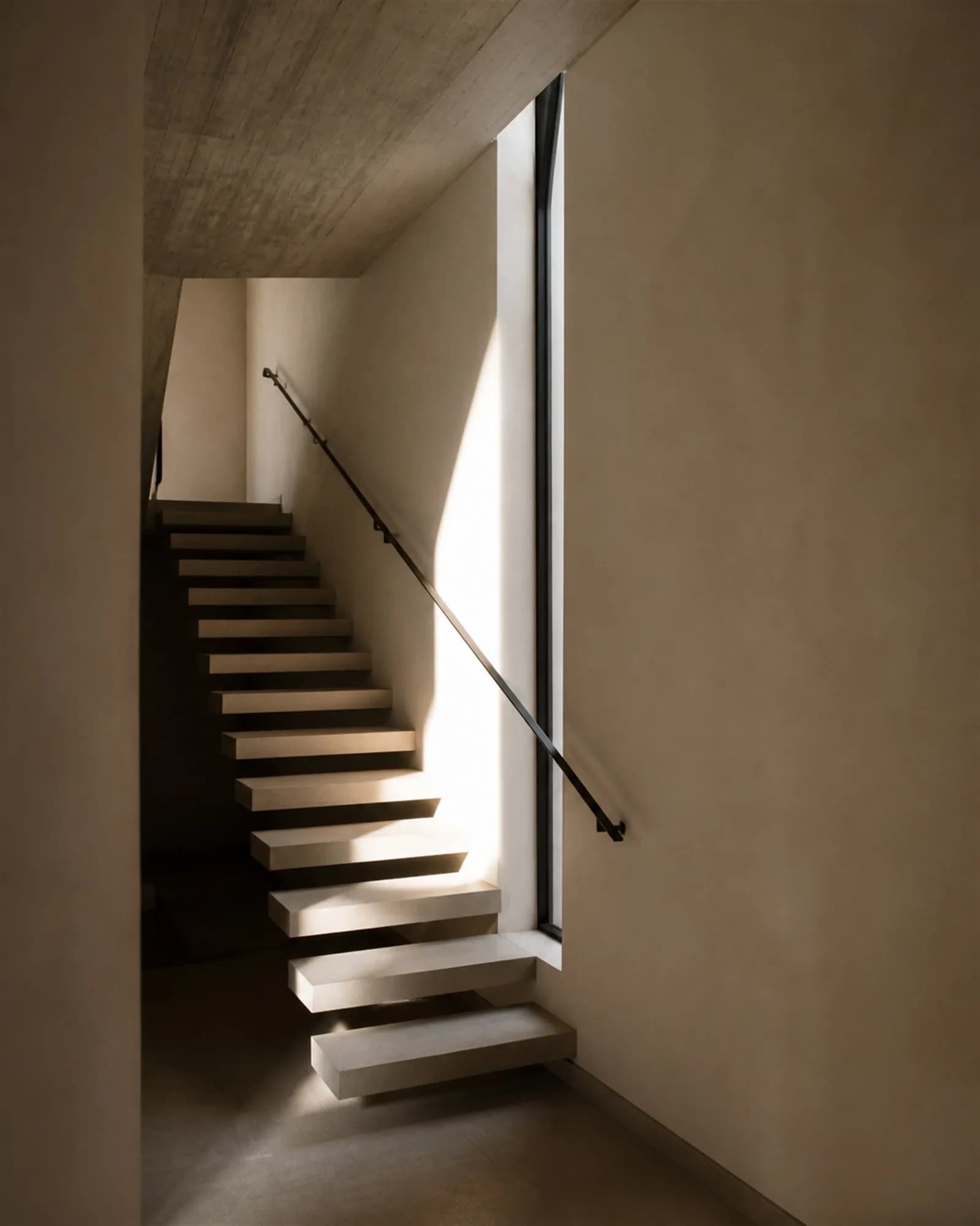 Cantilevered limestone stair treads with a blade of afternoon light across them