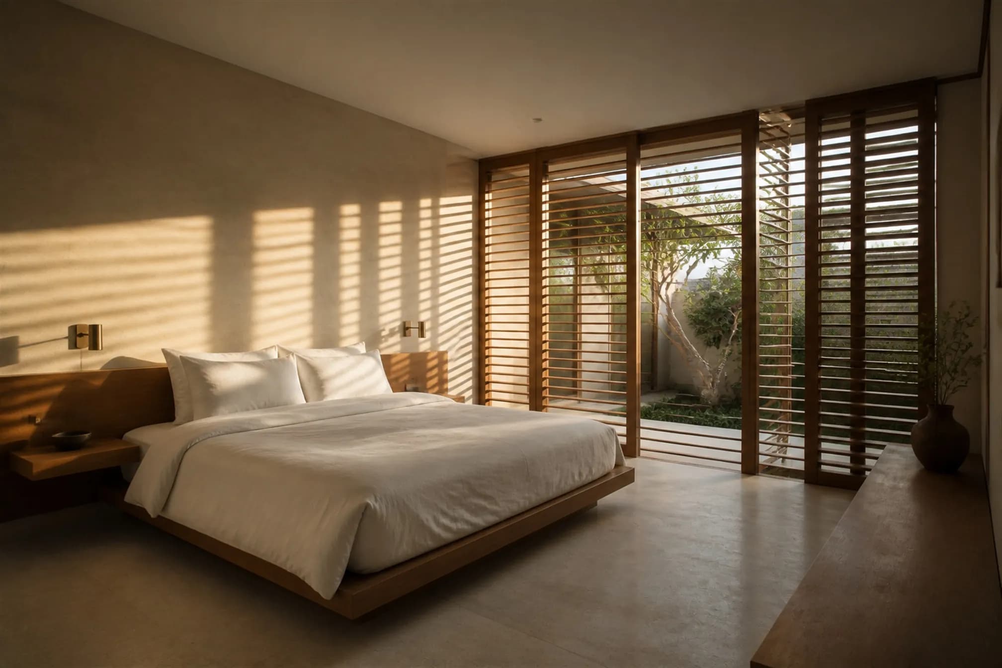 Primary bedroom with teak louvred screens throwing horizontal light bands across the wall