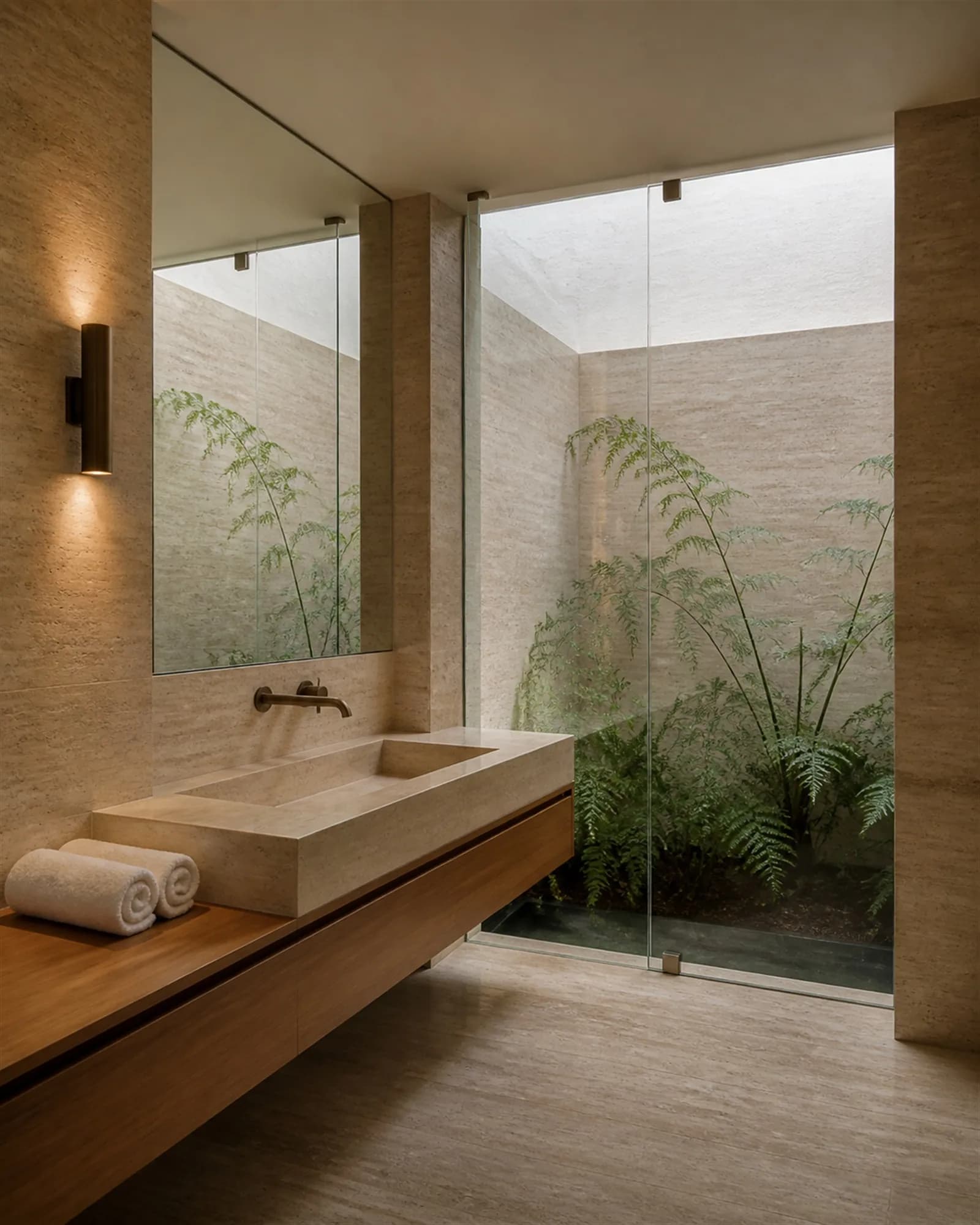 Travertine bathroom with a stone trough basin and a planted light well beyond frameless glass
