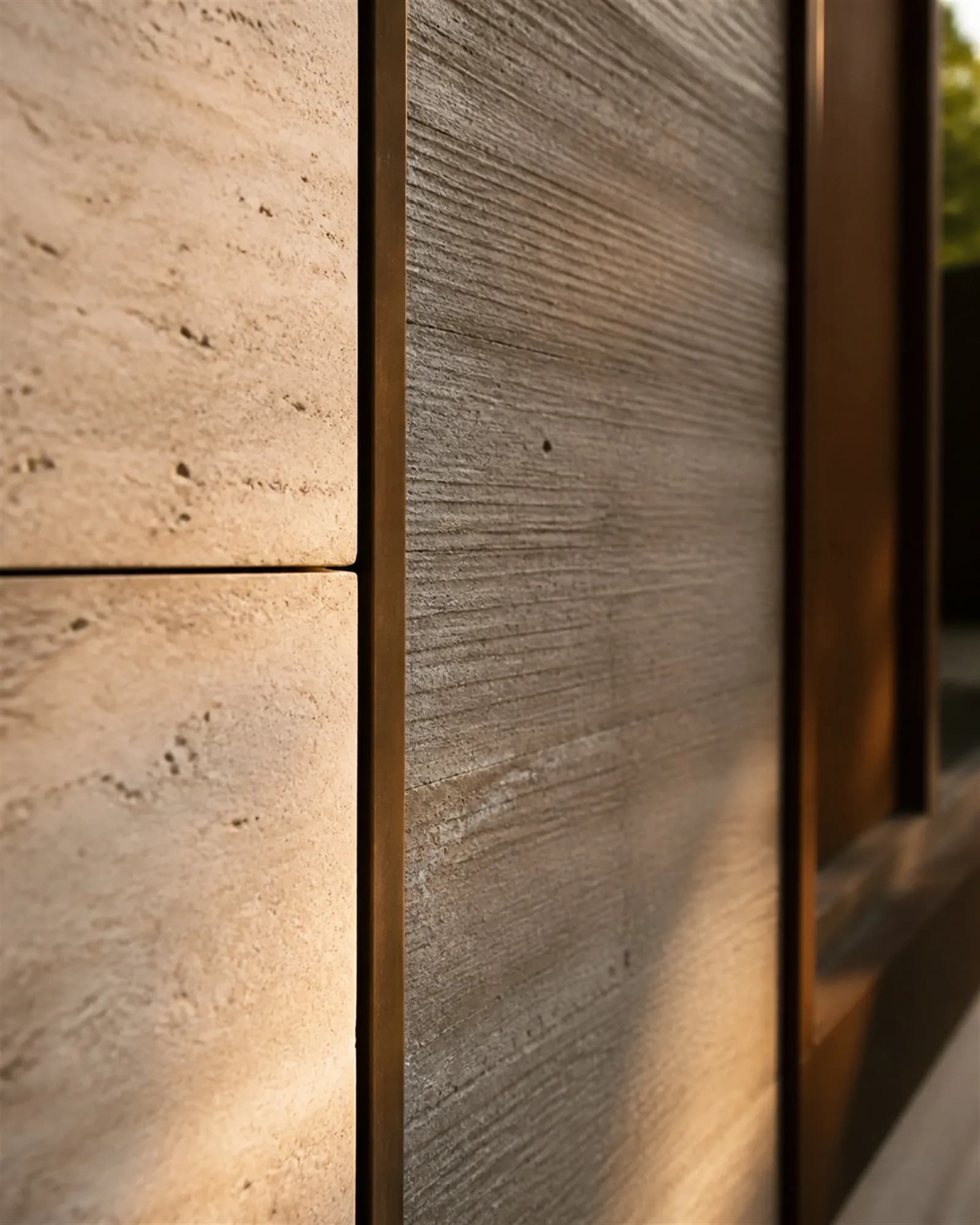 Close detail of travertine meeting board-formed concrete and a teak reveal with a precise bronze shadow gap