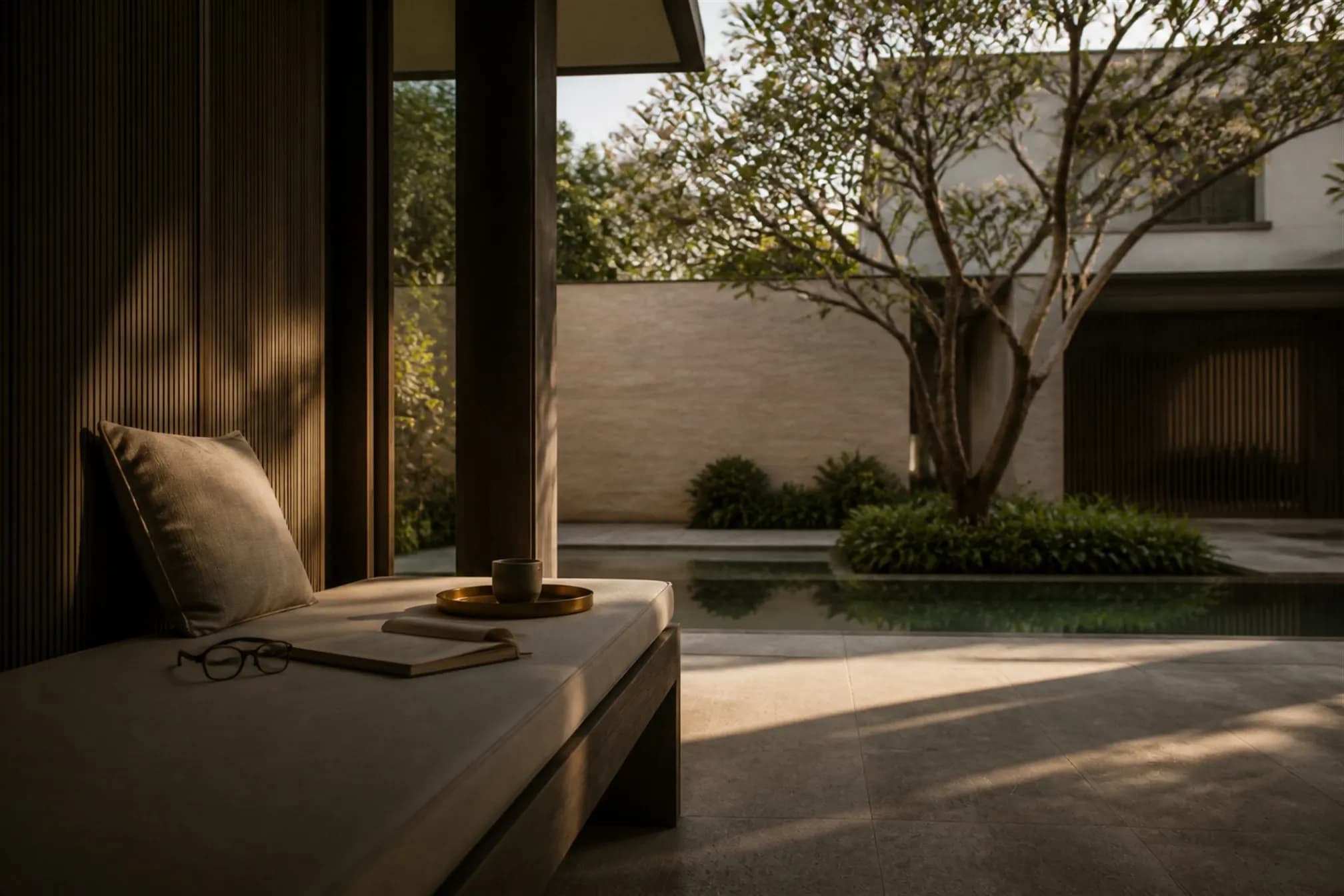 A book left face-down on a teak bench, tea on a bronze tray, late afternoon light on the verandah