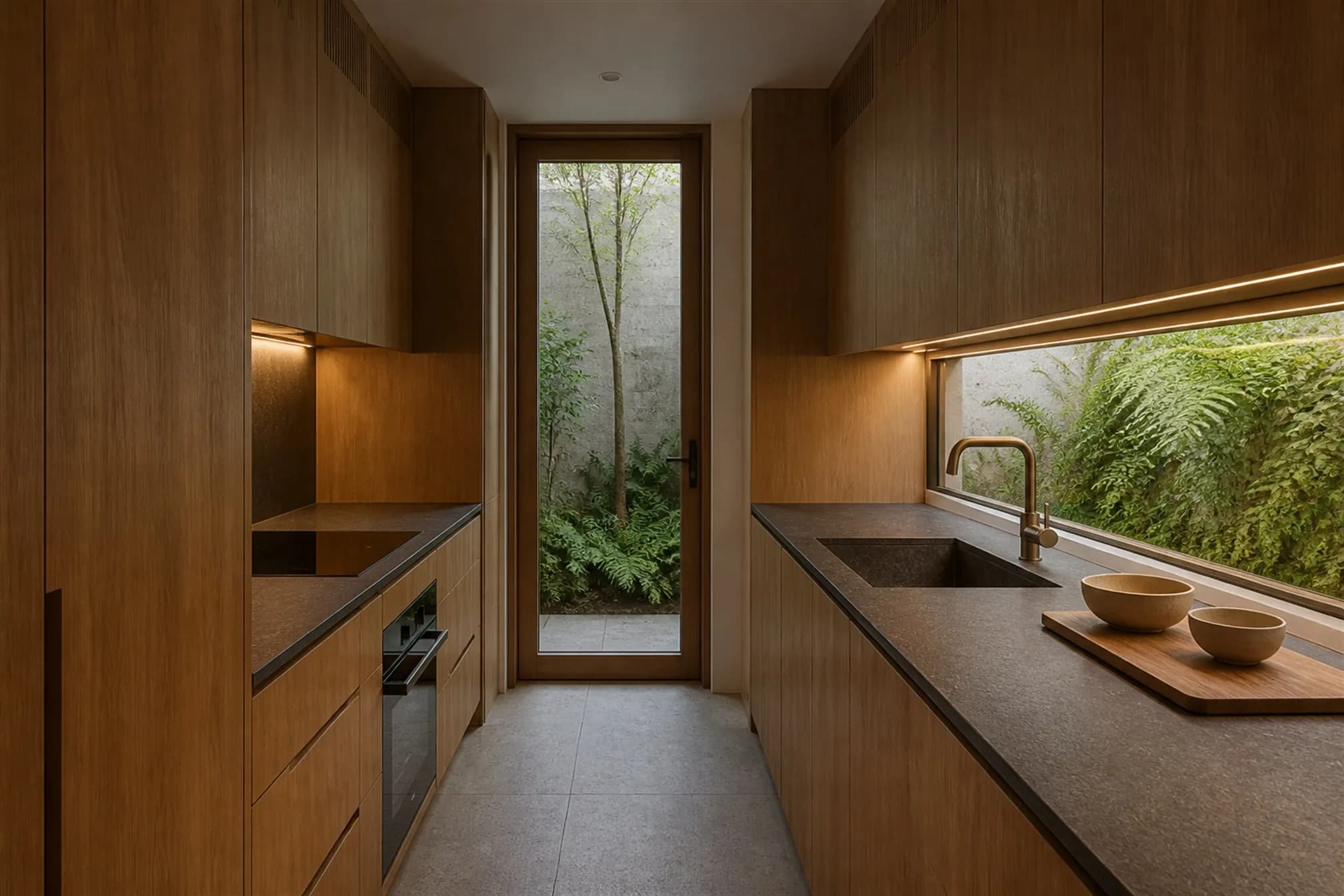 Galley kitchen with a horizontal slot window at worktop height looking into a green light well
