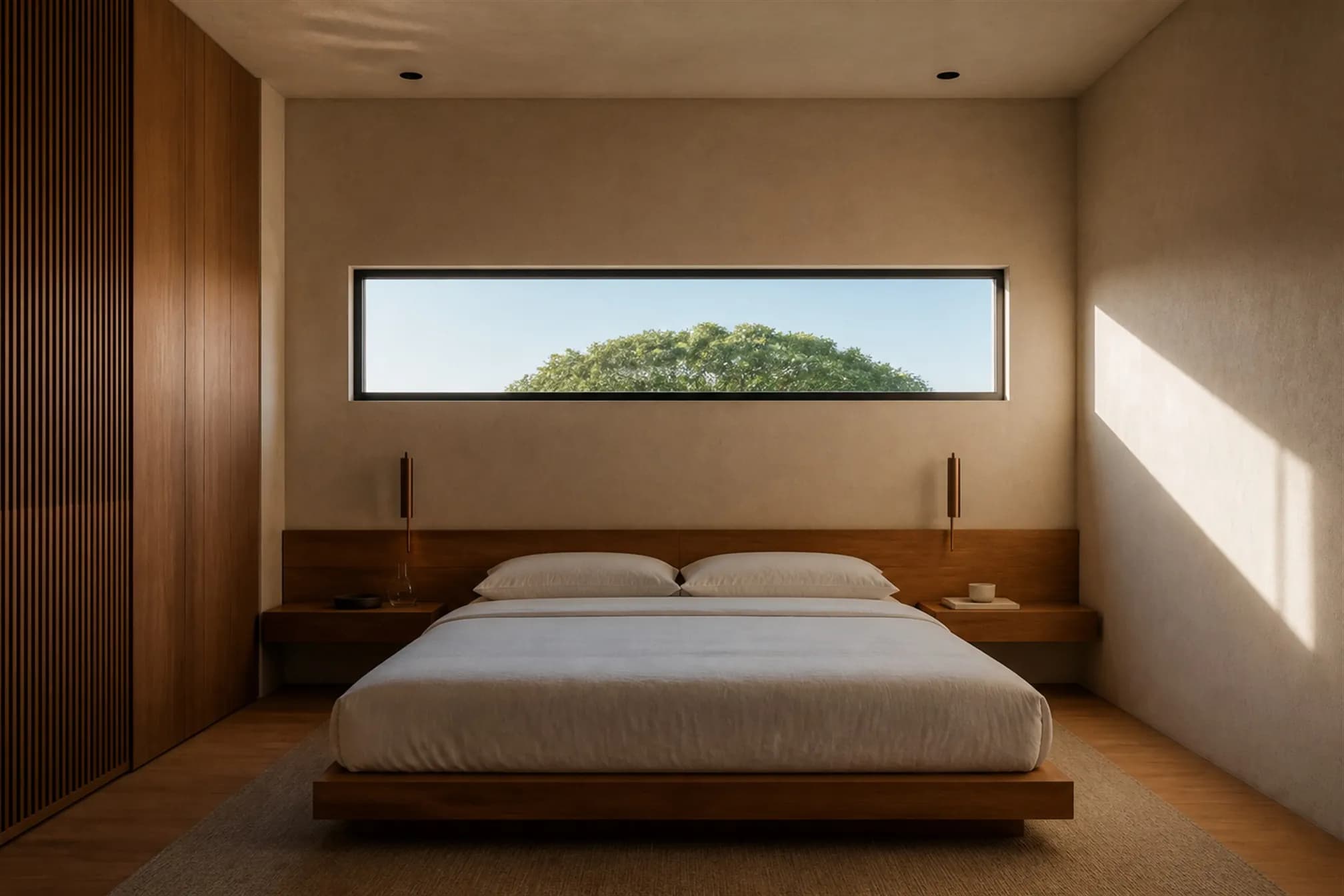 Bedroom with a long horizontal window framing only sky and a neighbouring rain tree canopy