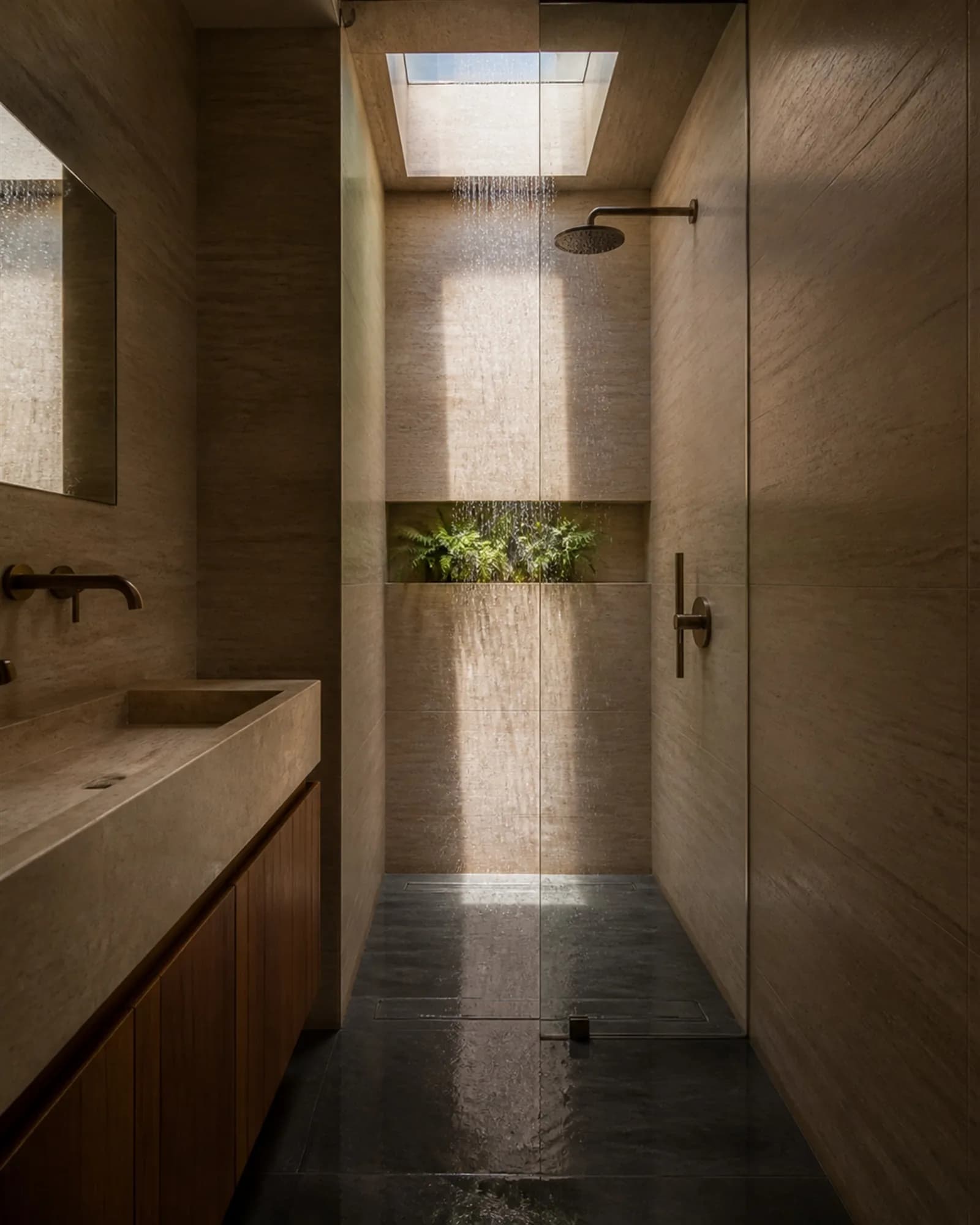 Bathroom lit entirely from a skylight above the shower, daylight falling on wet travertine