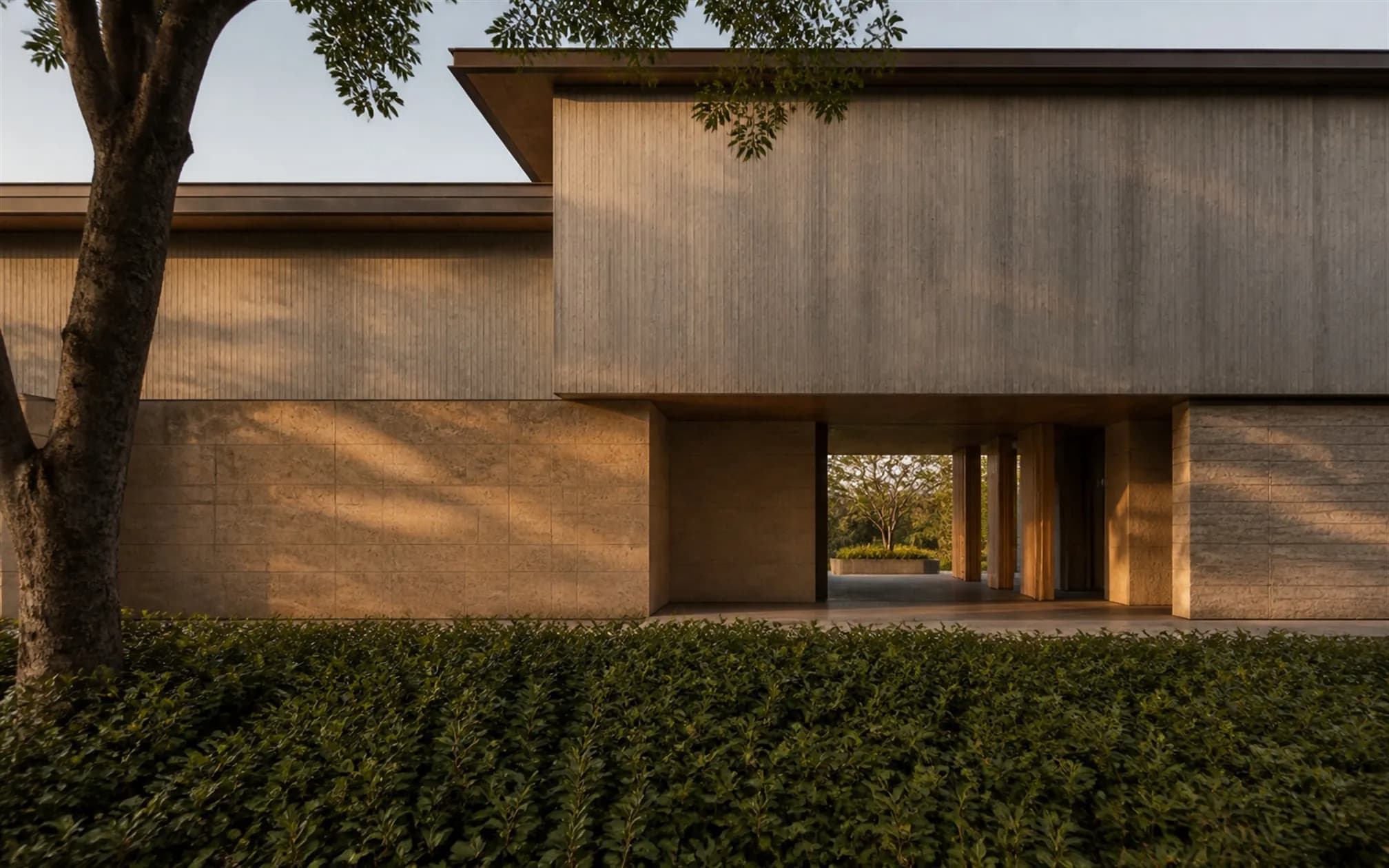 South elevation, a more closed composition with a deep recessed loggia and teak columns