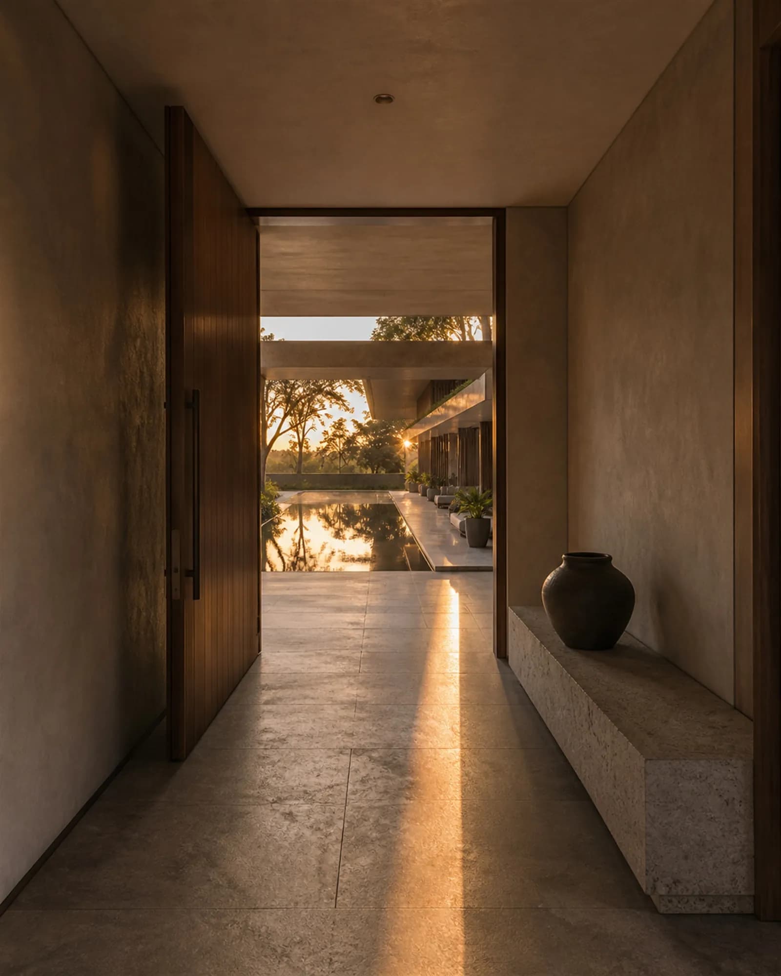 Entrance hall looking through to the reflecting pool, a blade of low golden light across the stone floor