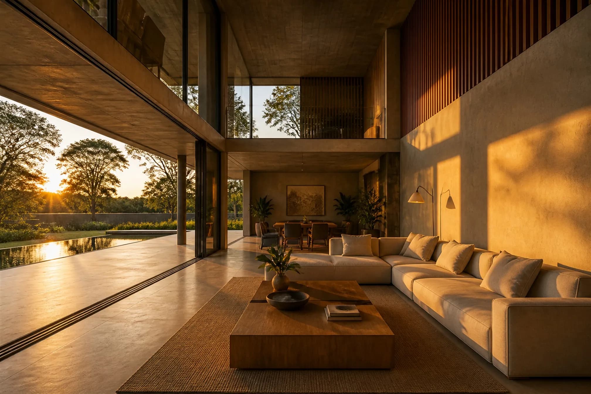 Double-height living room in the last minutes of golden hour, sliding glass fully open onto the terrace