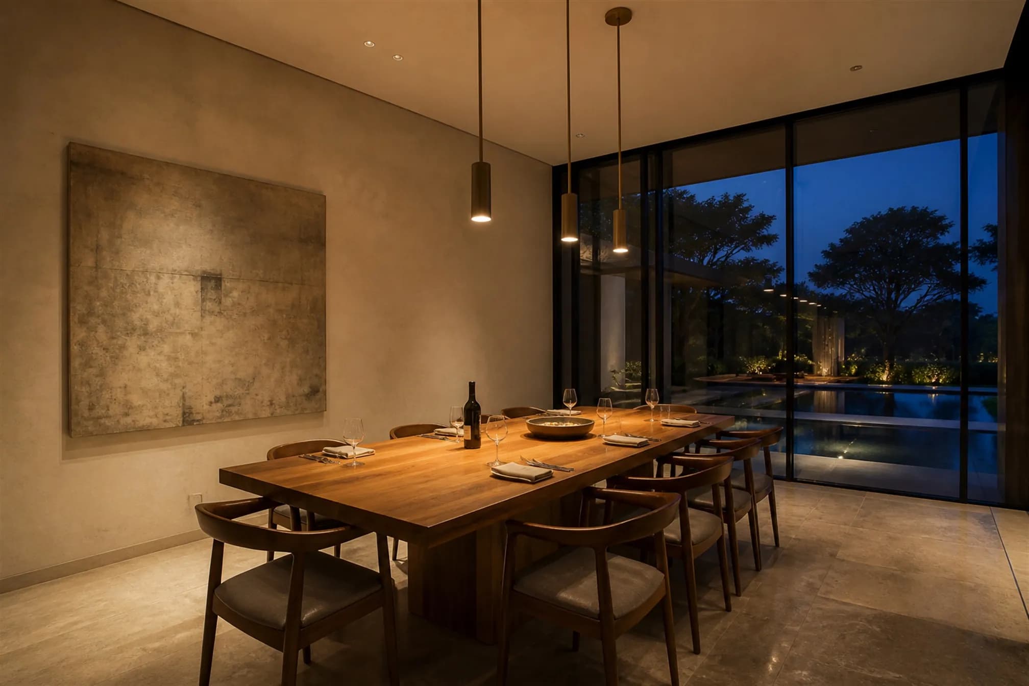 Dining room at blue hour beneath three linear bronze pendants, glazing reflecting the interior