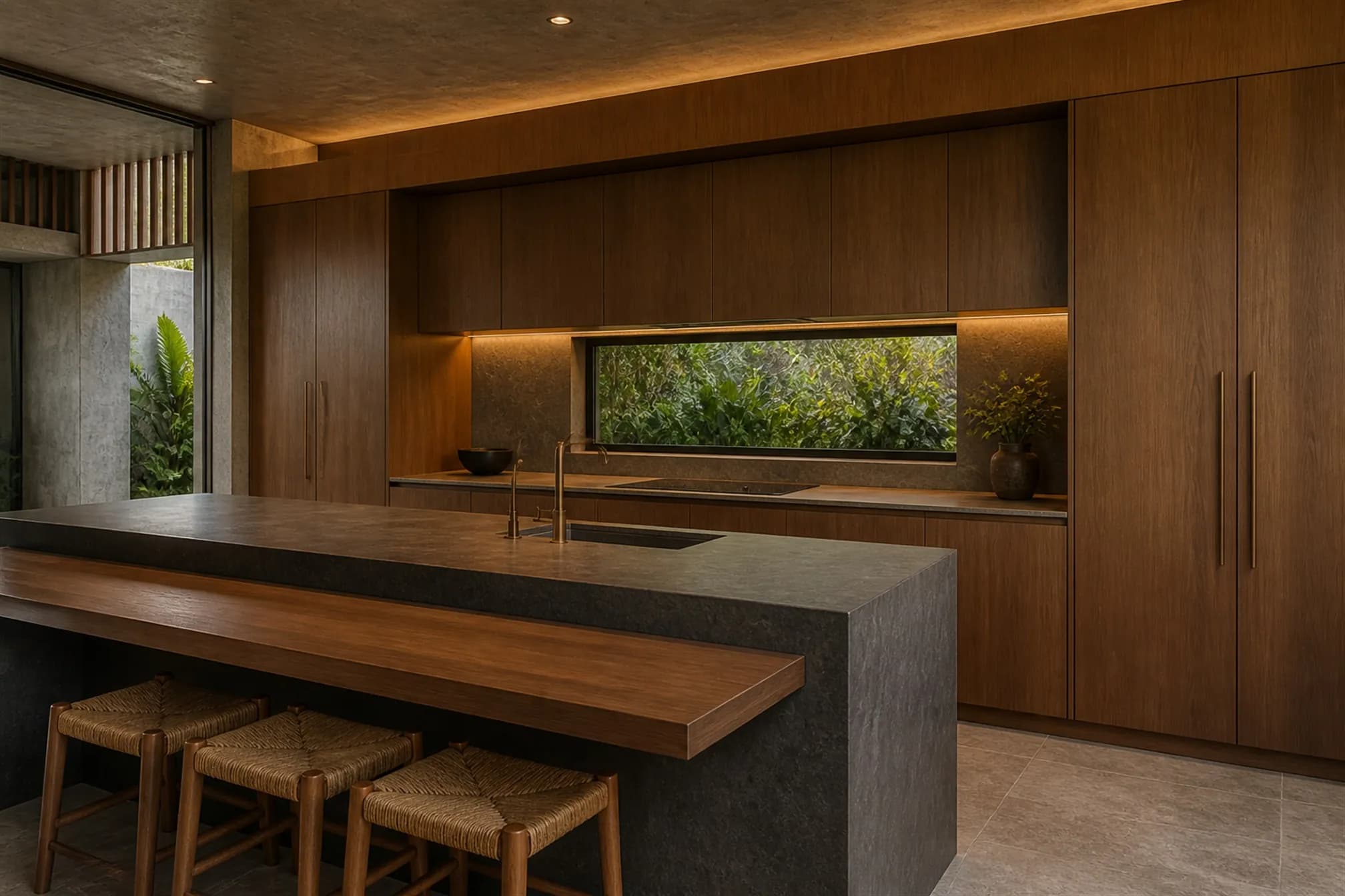 Open kitchen with a honed dark granite island and full-height flush teak joinery
