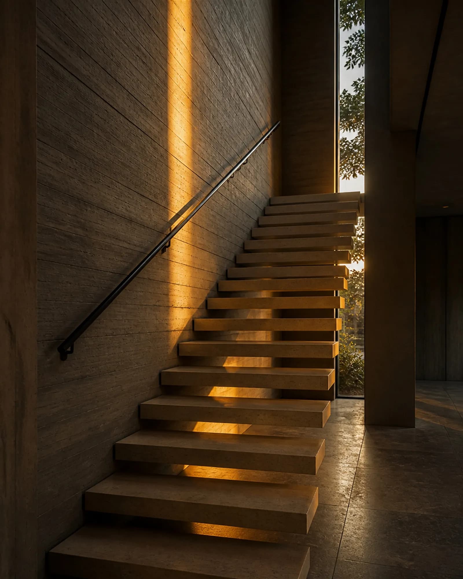 Cantilevered travertine stair with a long hard blade of orange light across the treads