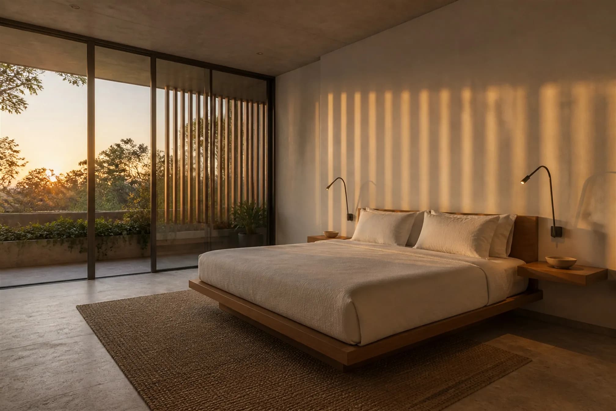 Primary bedroom at dusk facing a private balcony with a teak baffle screen striping the room