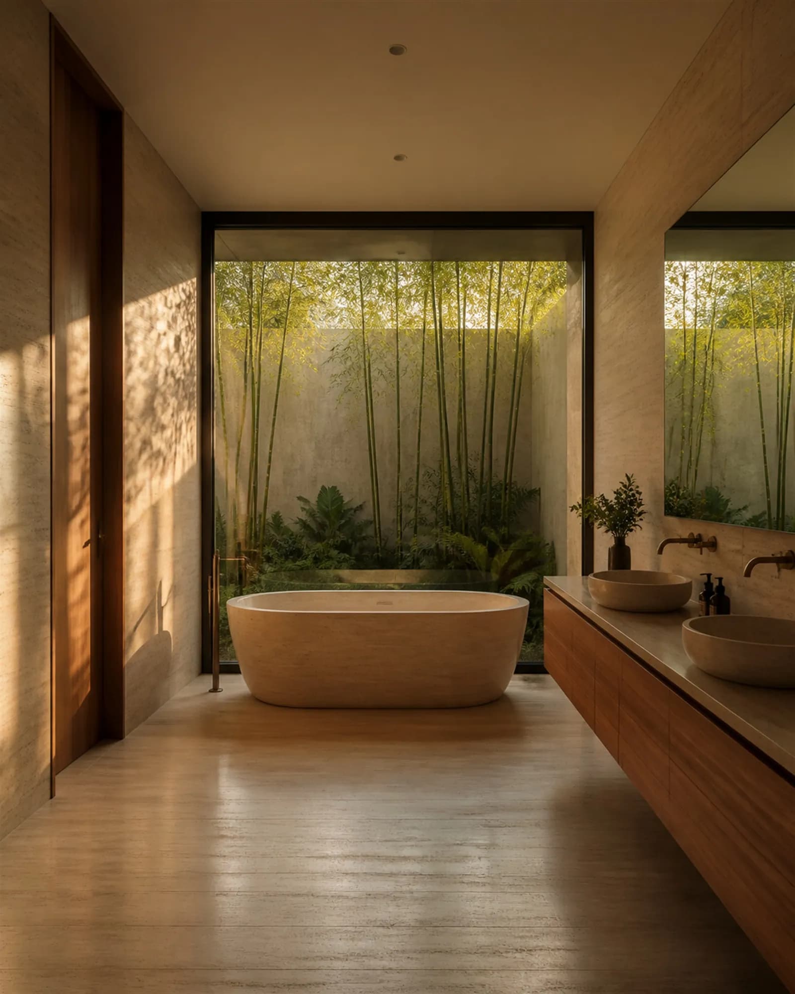 Freestanding stone bath before a full-height window looking into a private walled garden