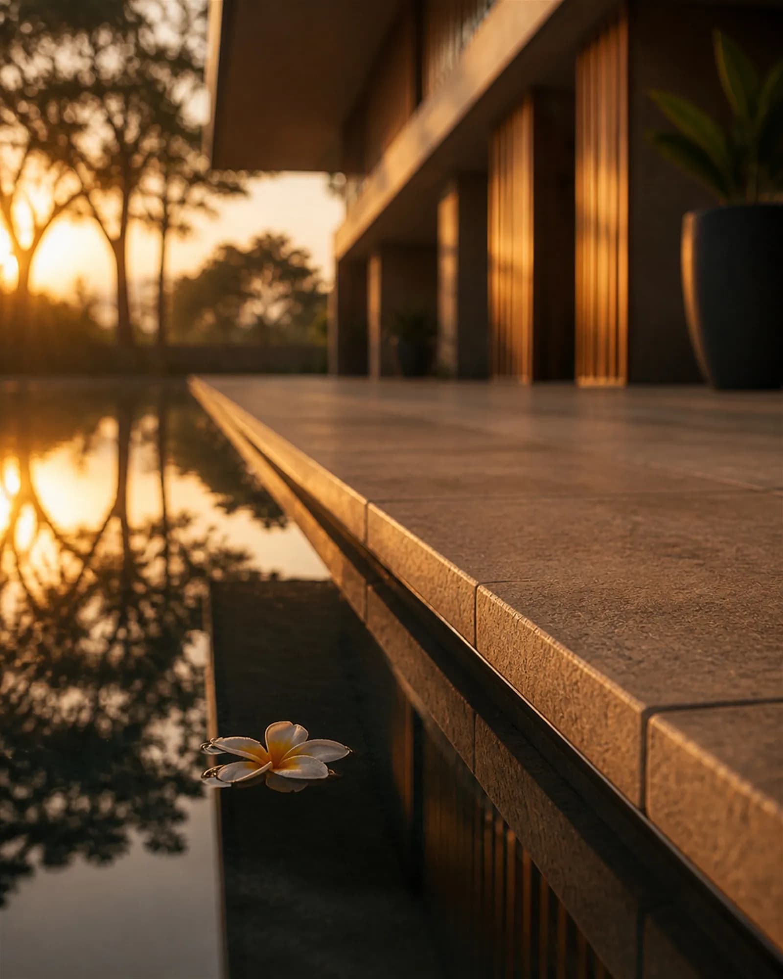 The pool edge at golden hour, honed stone coping with a precise shadow gap, a single frangipani flower floating