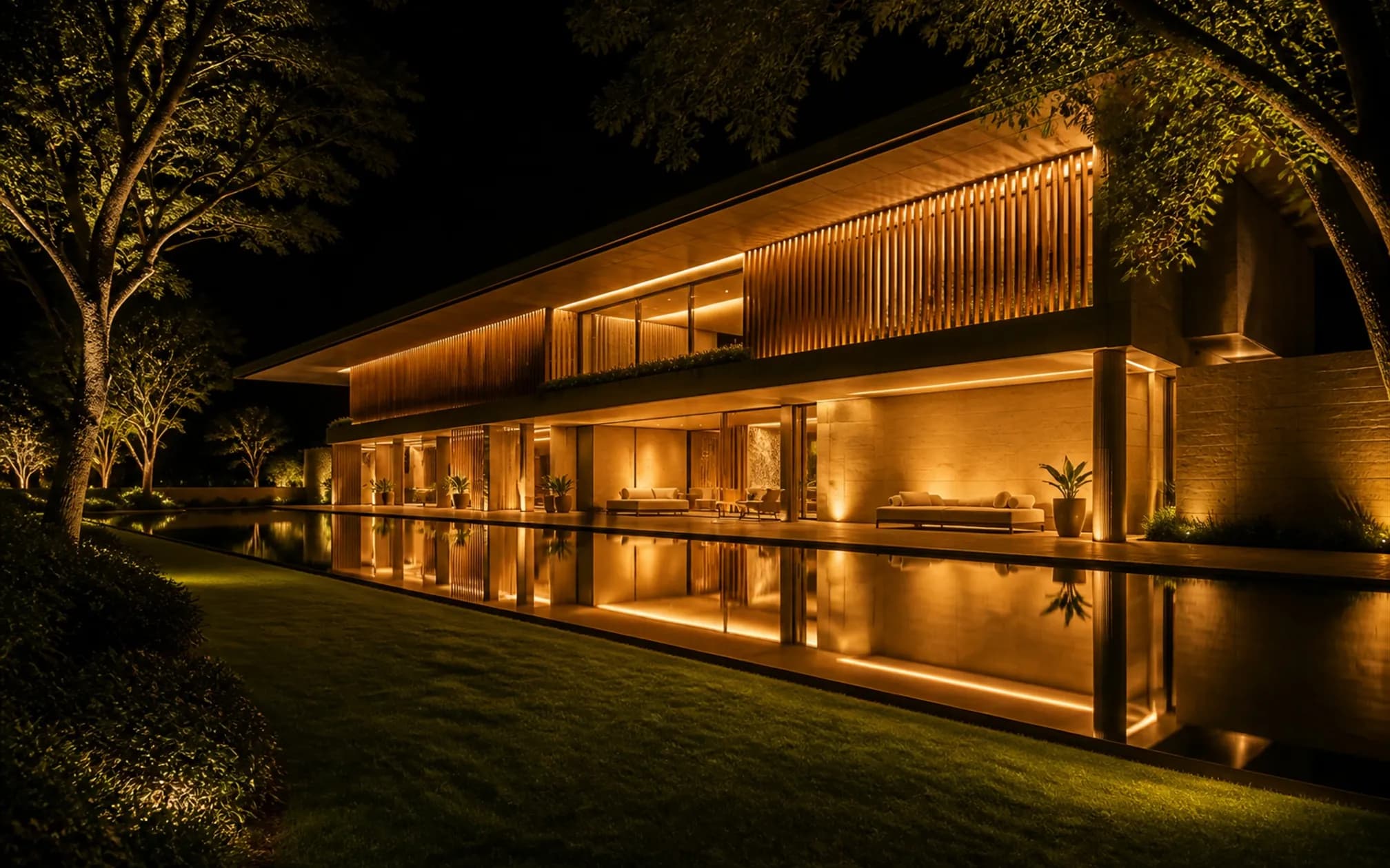 The villa at full night, every opening glowing warm, the pool mirroring the entire lit facade
