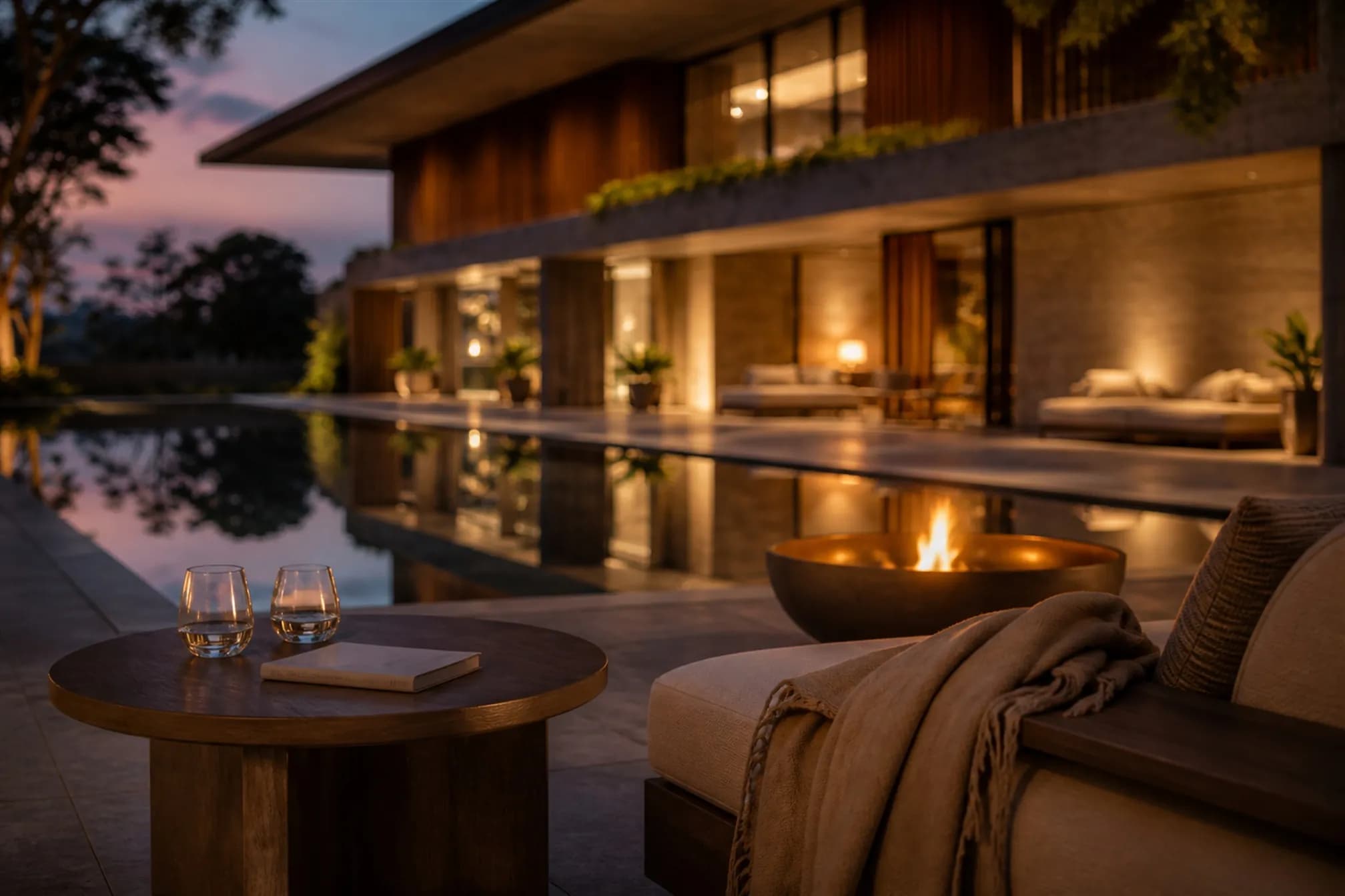 Two glasses and an open book on the terrace at dusk, the warmly lit house softly out of focus behind