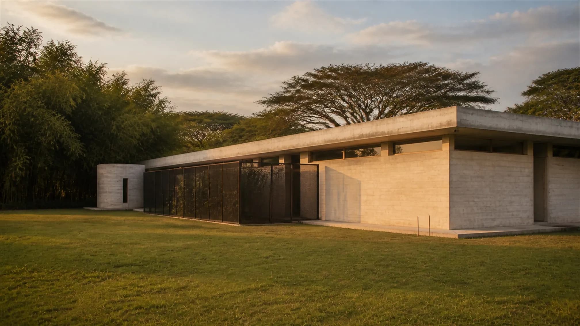 Rear elevation in board-formed concrete with high slot windows and a screened service court