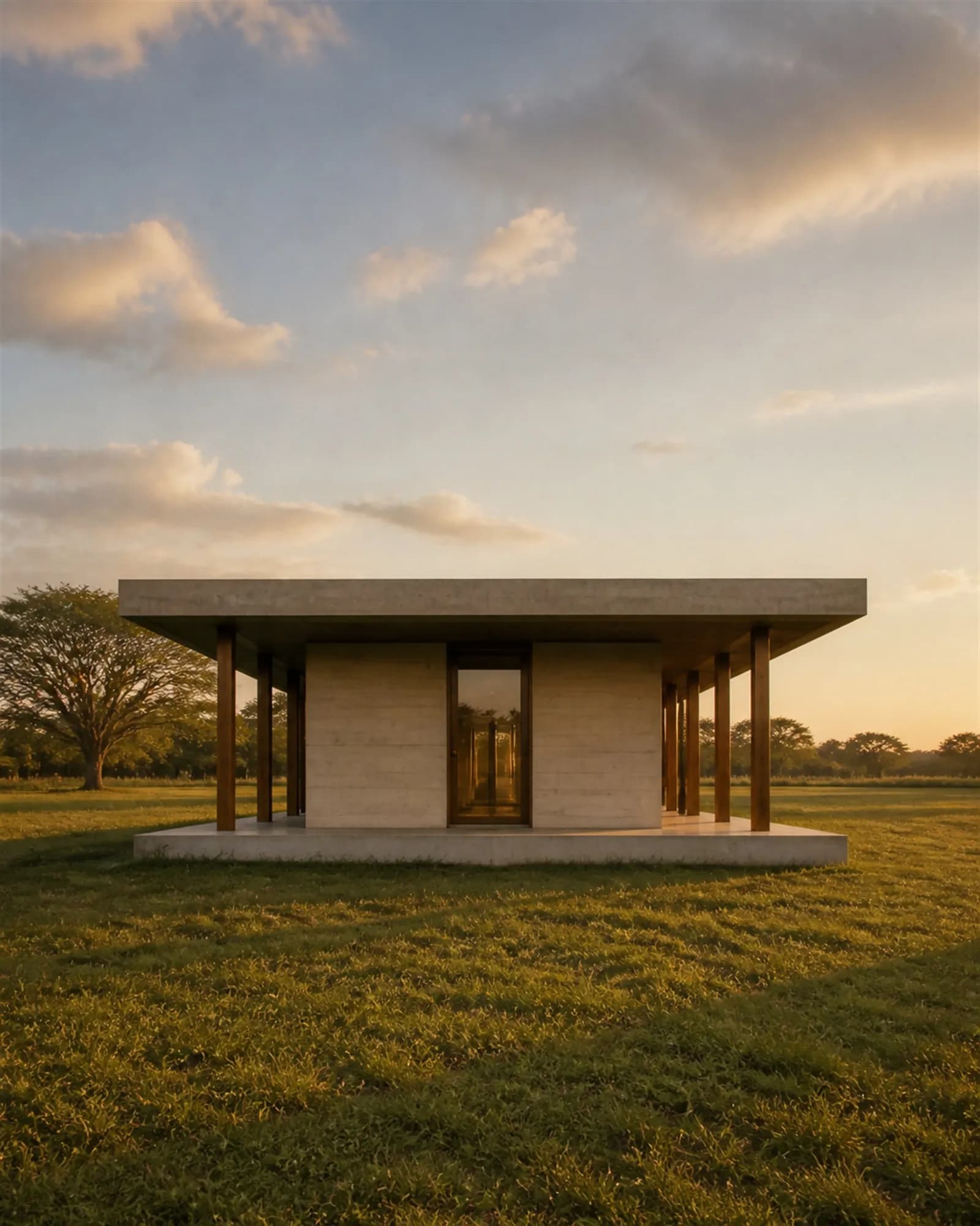 Short end elevation showing the building is only one room deep, verandah and roof projecting dramatically