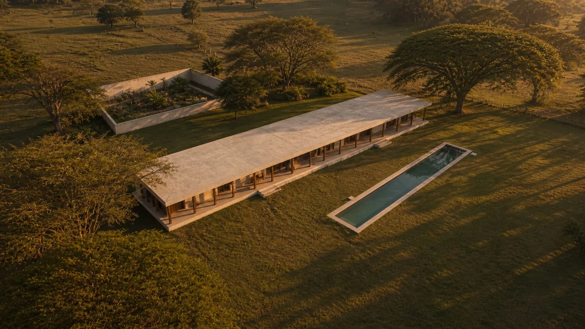 Aerial view of a thin linear building sited along the contour with a courtyard garden and long lap pool