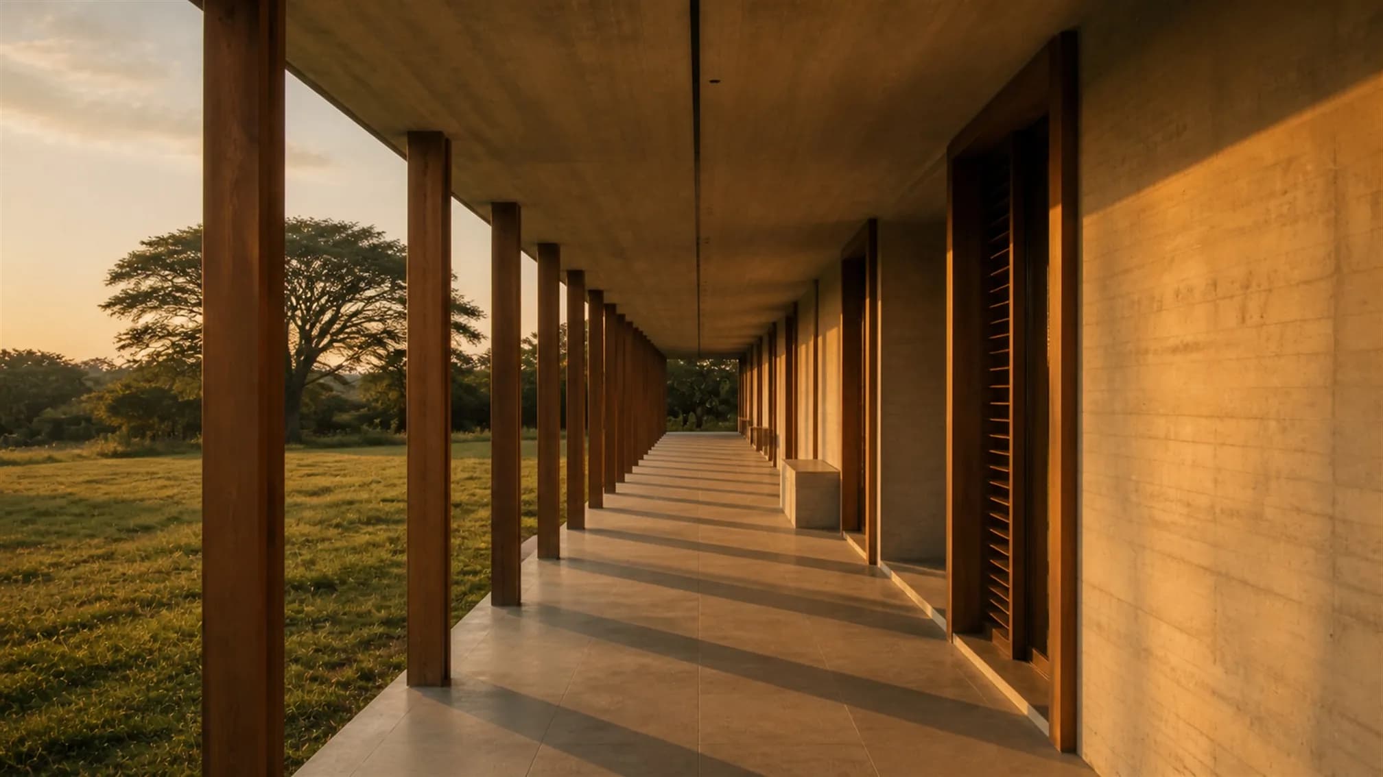 Looking down the full length of a continuous verandah, slim teak columns receding to a vanishing point with low sun raking across the stone floor