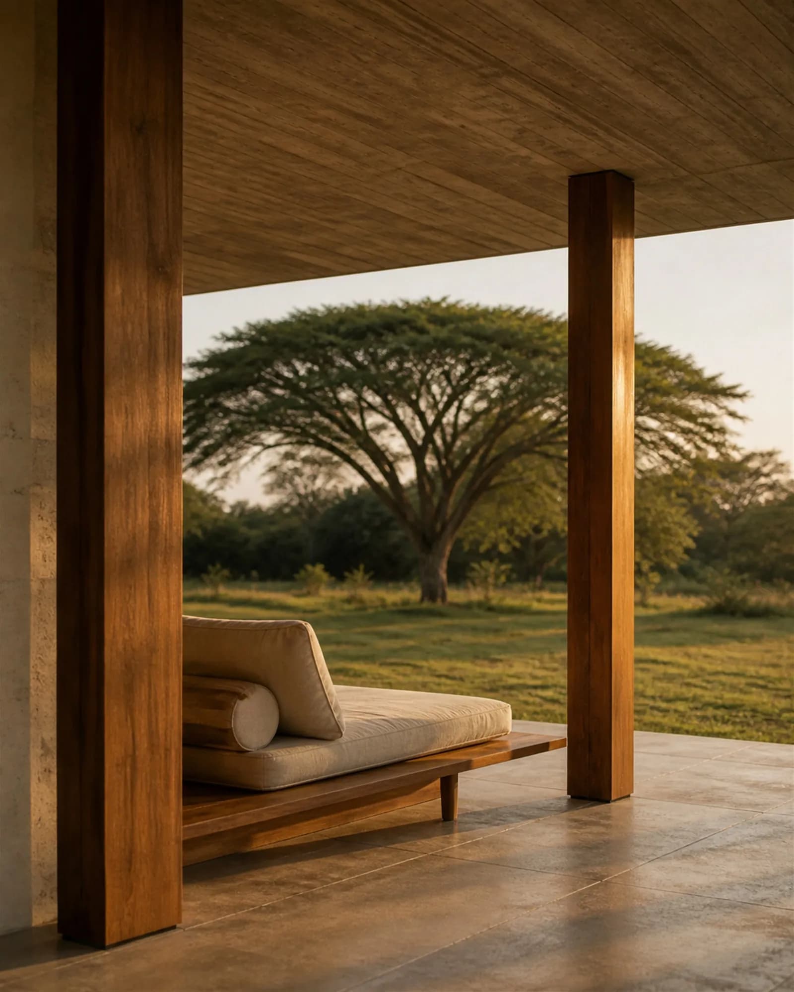 Two teak columns meeting a concrete soffit and stone floor with precise bronze shadow gaps, a low daybed between