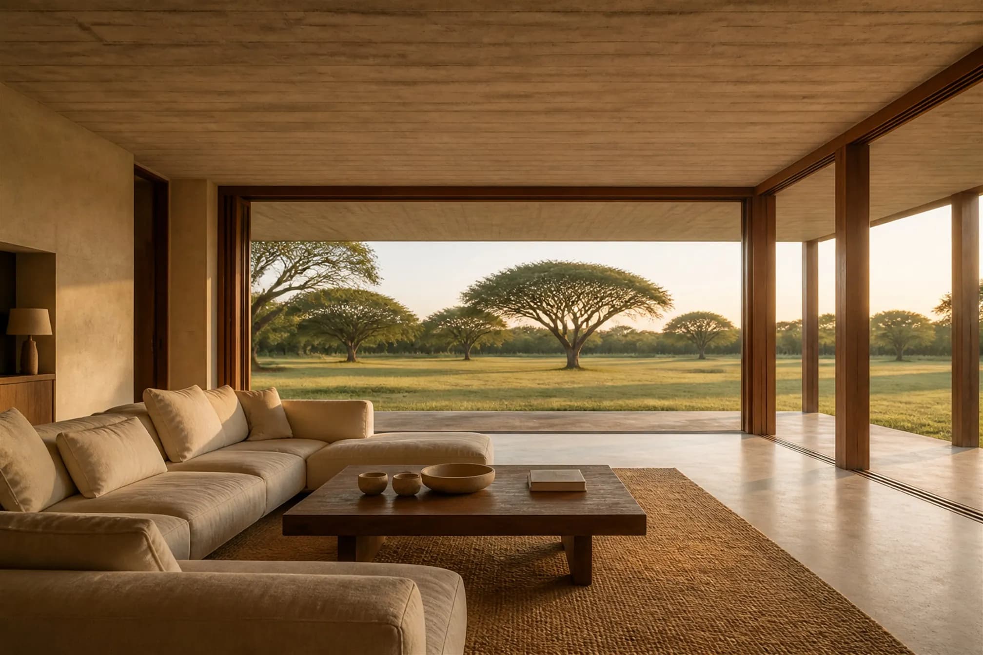 Living room opening entirely onto the verandah and open landscape through full-height sliding glass