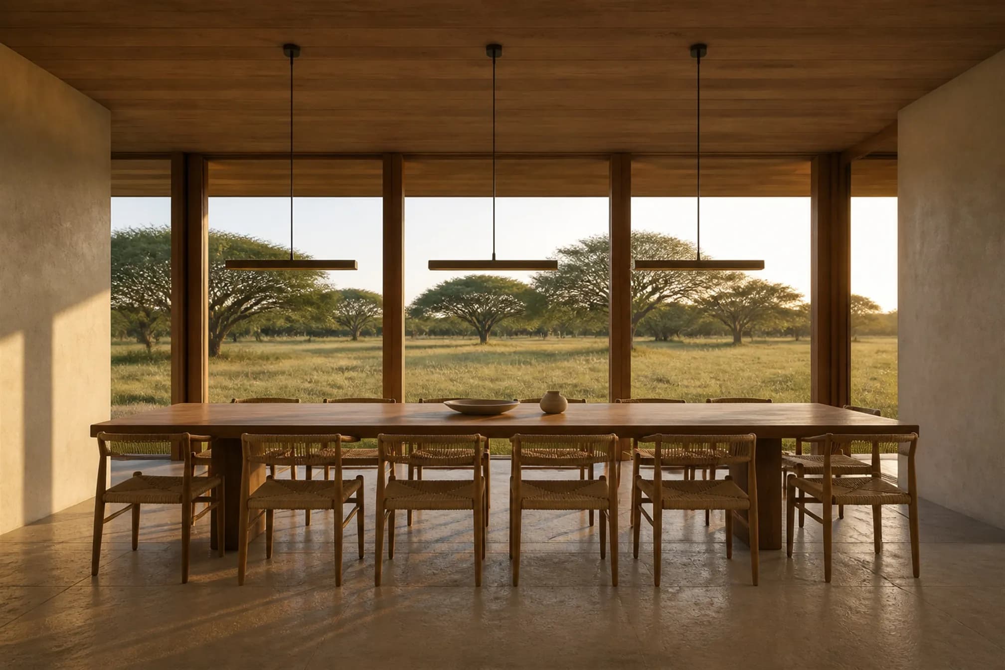 A very long teak refectory table for ten facing the landscape through a full-height opening