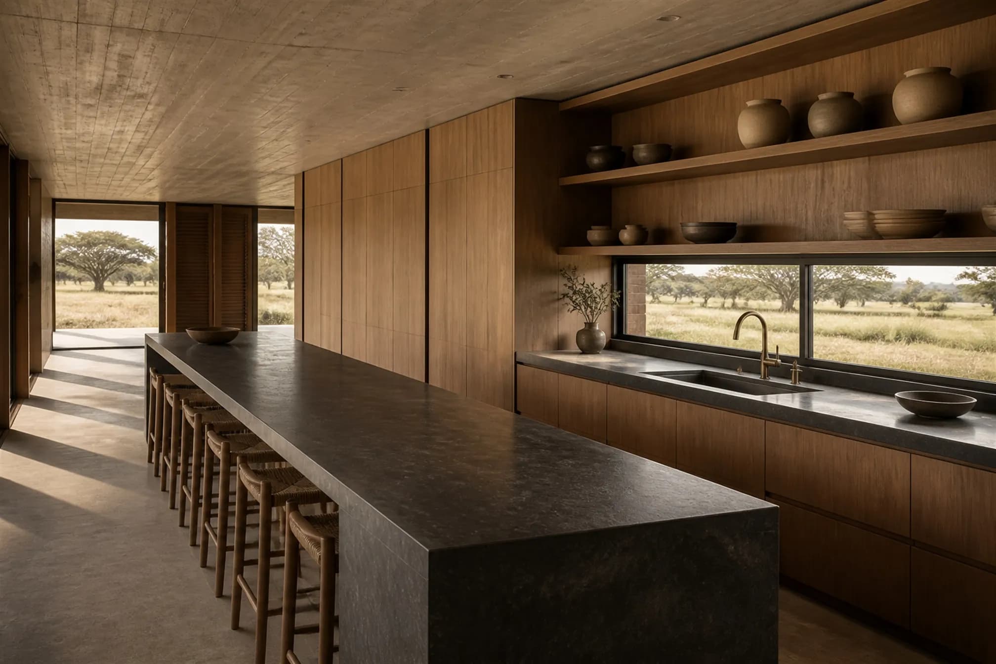 Large open kitchen with a deep stone sink beneath a horizontal window framing open fields
