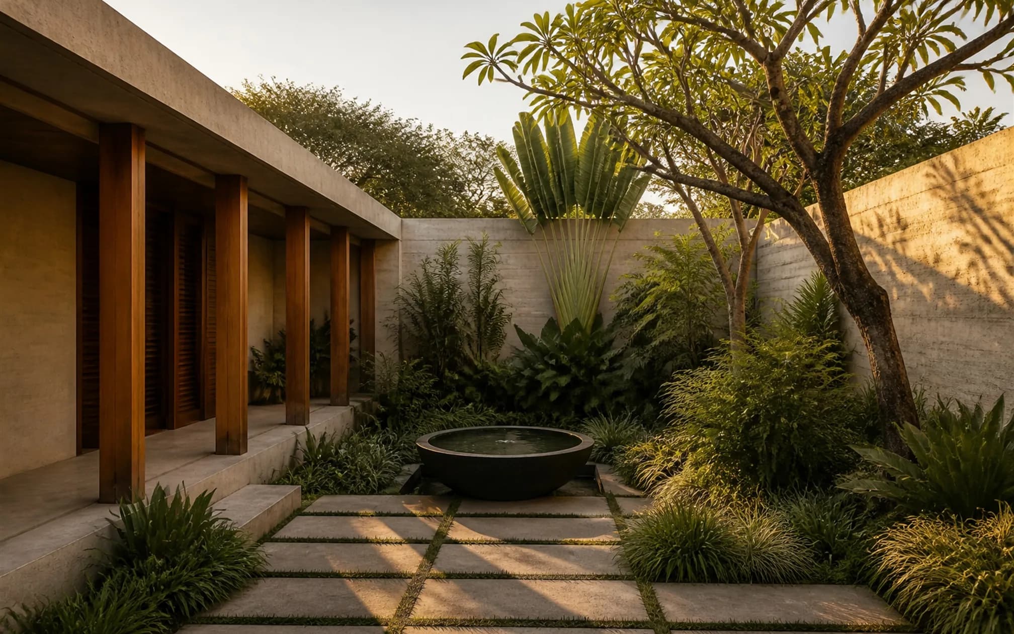 Sheltered courtyard garden densely planted with frangipani and travellers palm around a dark stone water bowl