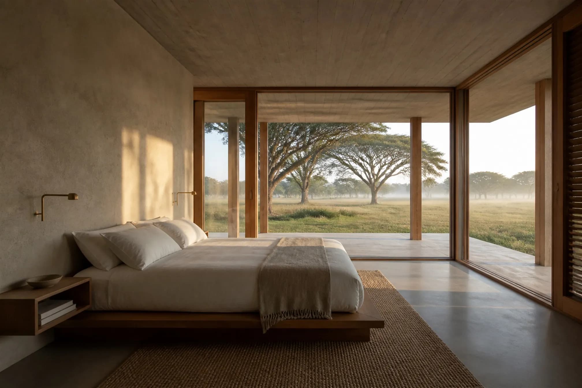 Bedroom opening directly onto the verandah with morning mist over the fields beyond