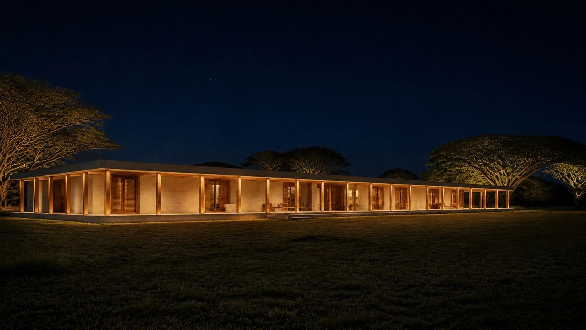 The full length of the verandah lit warmly at night against a vast dark grassland and deep blue sky