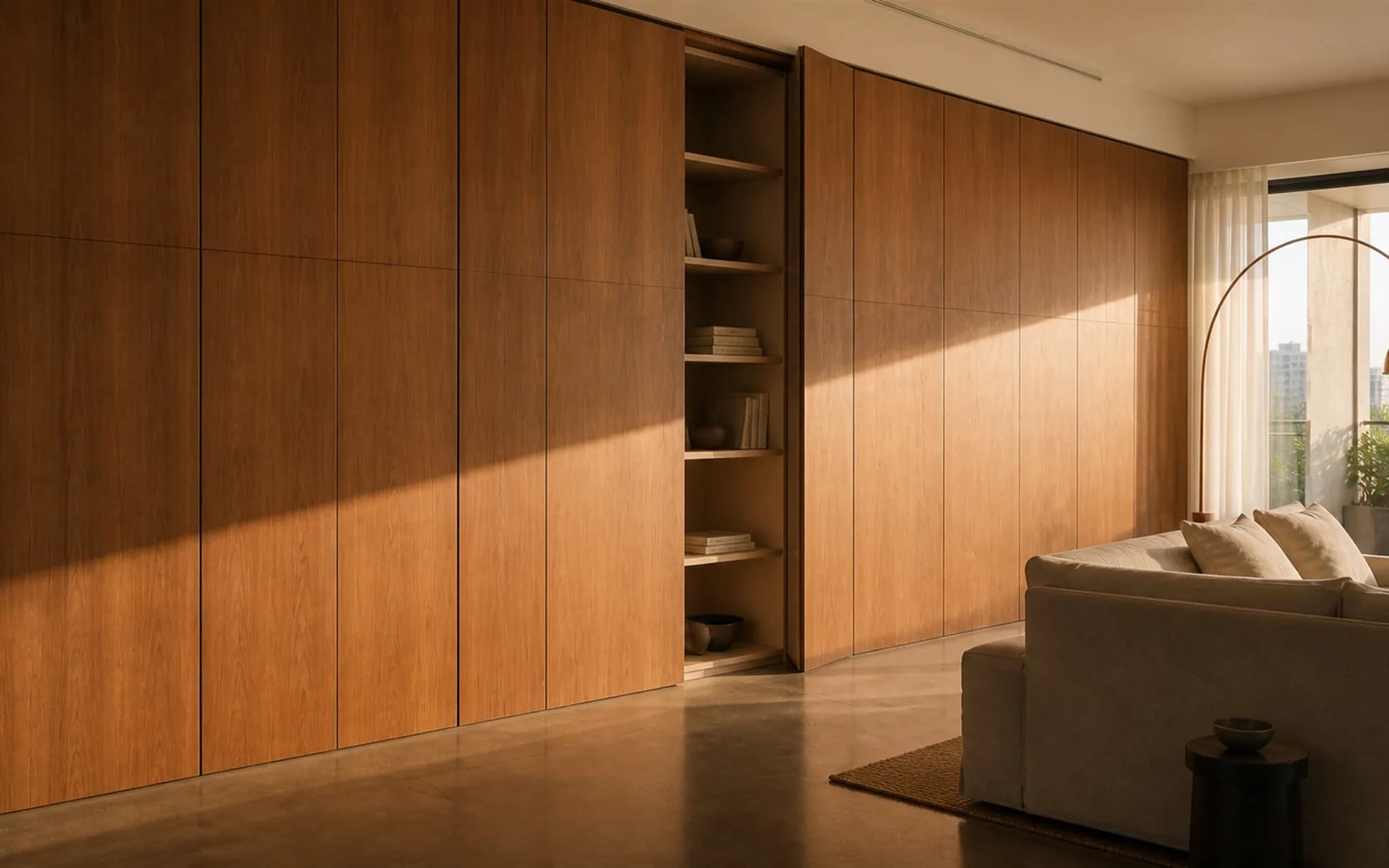 A full-height flush teak joinery wall running the length of the room with six-millimetre shadow-gap joints and no handles