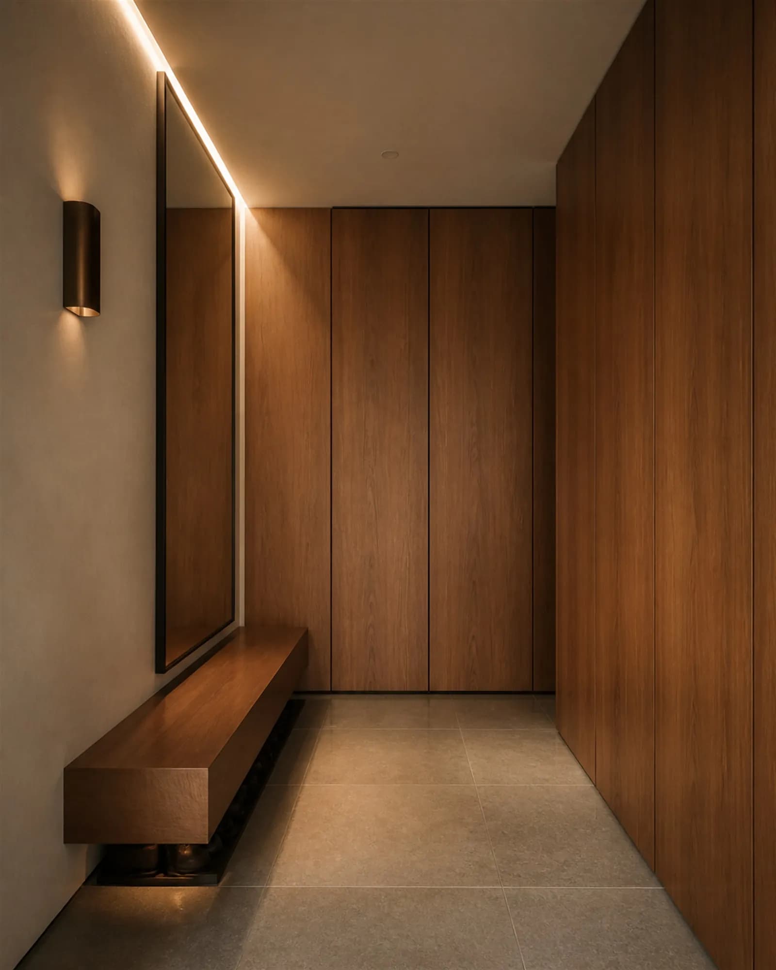Entrance vestibule with a floating teak bench, concealed shoe storage and a full-height wardrobe wall